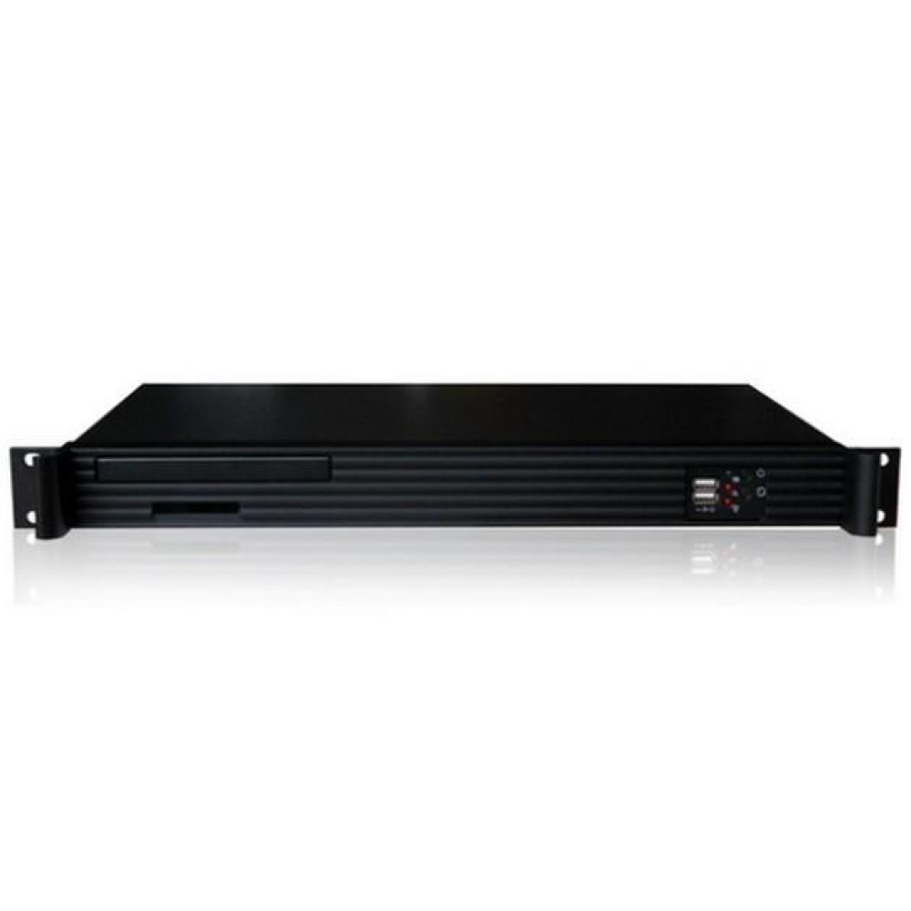 Server per computer nero. Una scatola nera con uno slot per un'unità CD/DVD e porte USB.