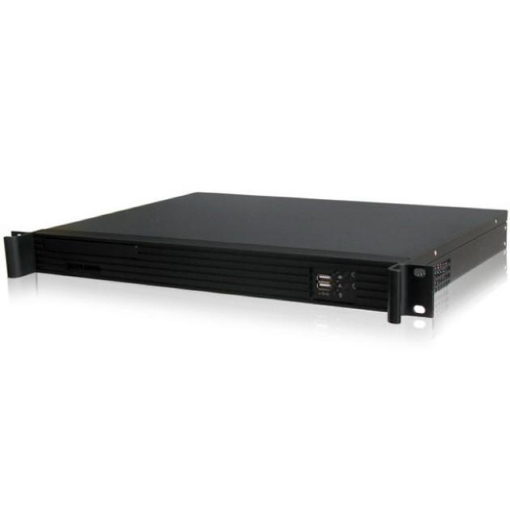 Unità rack server nera con un design elegante e piatto, maniglie laterali e finitura lucida.