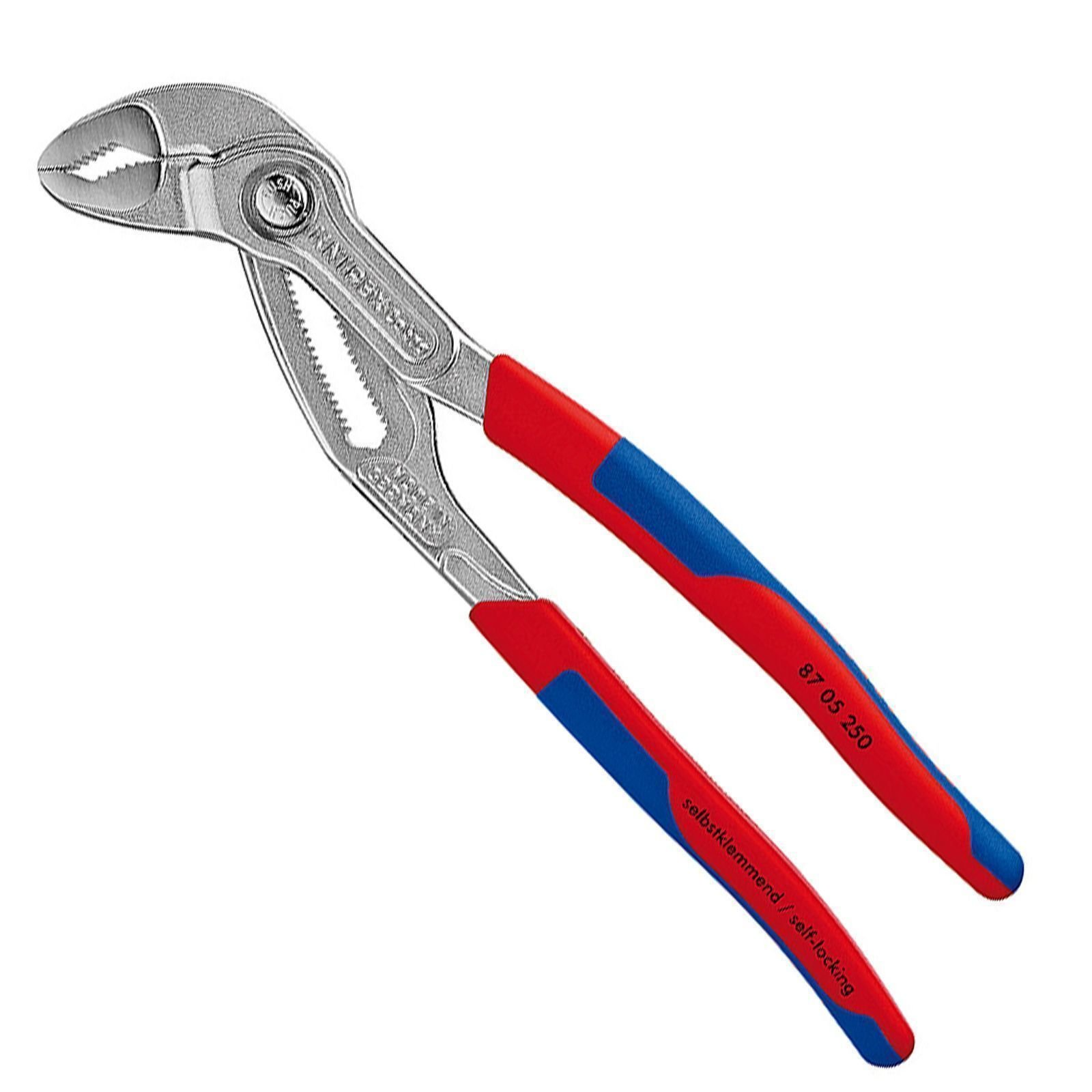 Pliers with red and blue handles, silver jaws, and text.