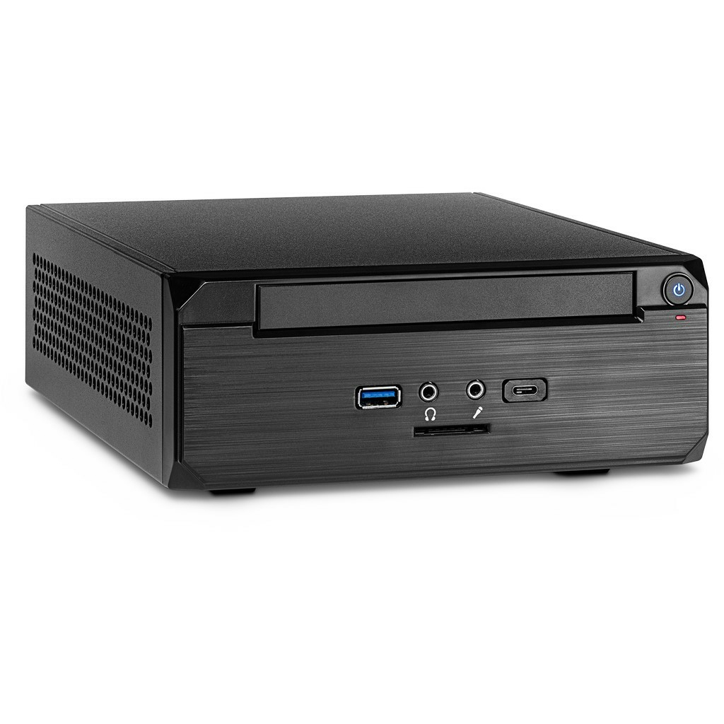 Mini case per computer nero. Presenta porte frontali, tra cui USB, jack audio e pulsante di accensione.