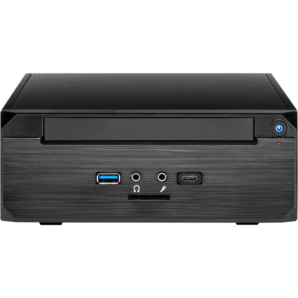Mini case per computer nero. Presenta porte frontali, USB, audio e pulsante di accensione.