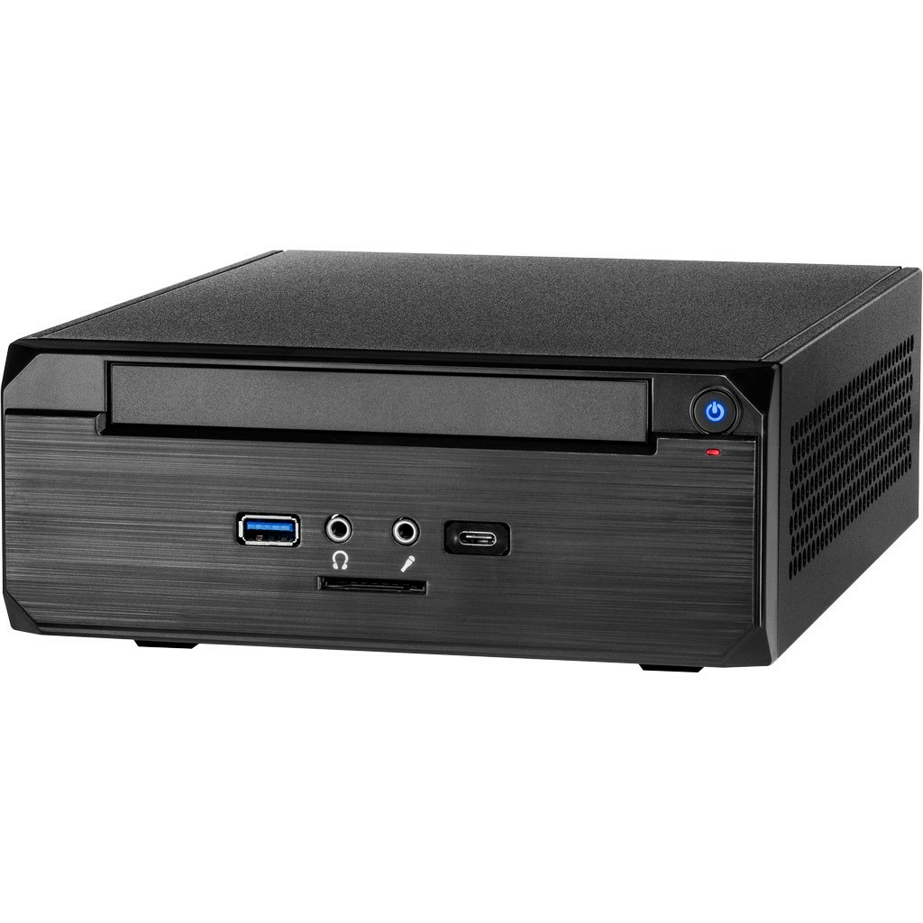 Mini case per computer nero con porte frontali. Include USB, jack audio e un pulsante di accensione.