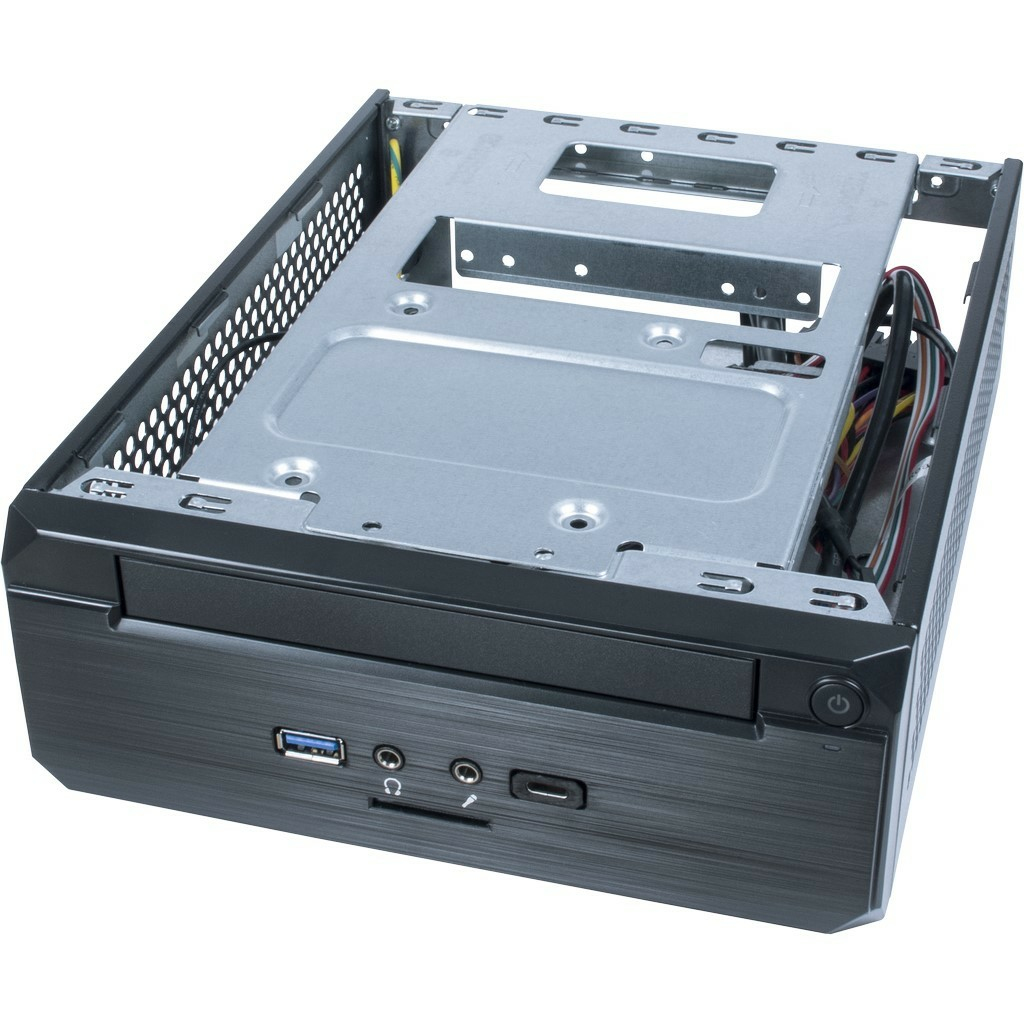 Case per PC nero, aperto, con componenti interni visibili.