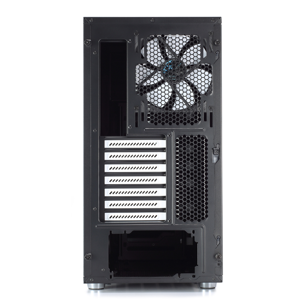 Vista posteriore di un case per computer nero con slot aperti e una ventola.