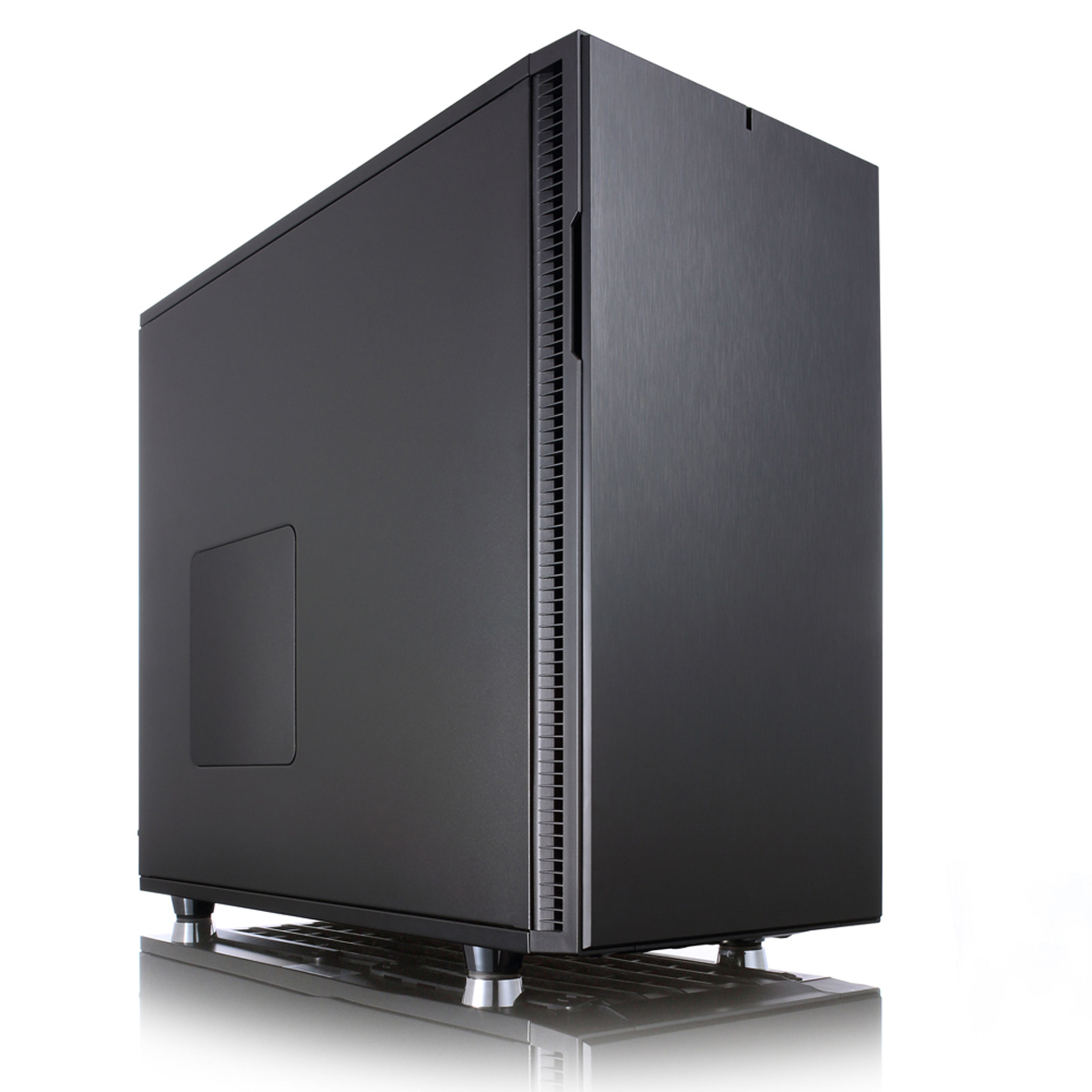 Un case per computer nero con un pannello laterale e un supporto argentato.
