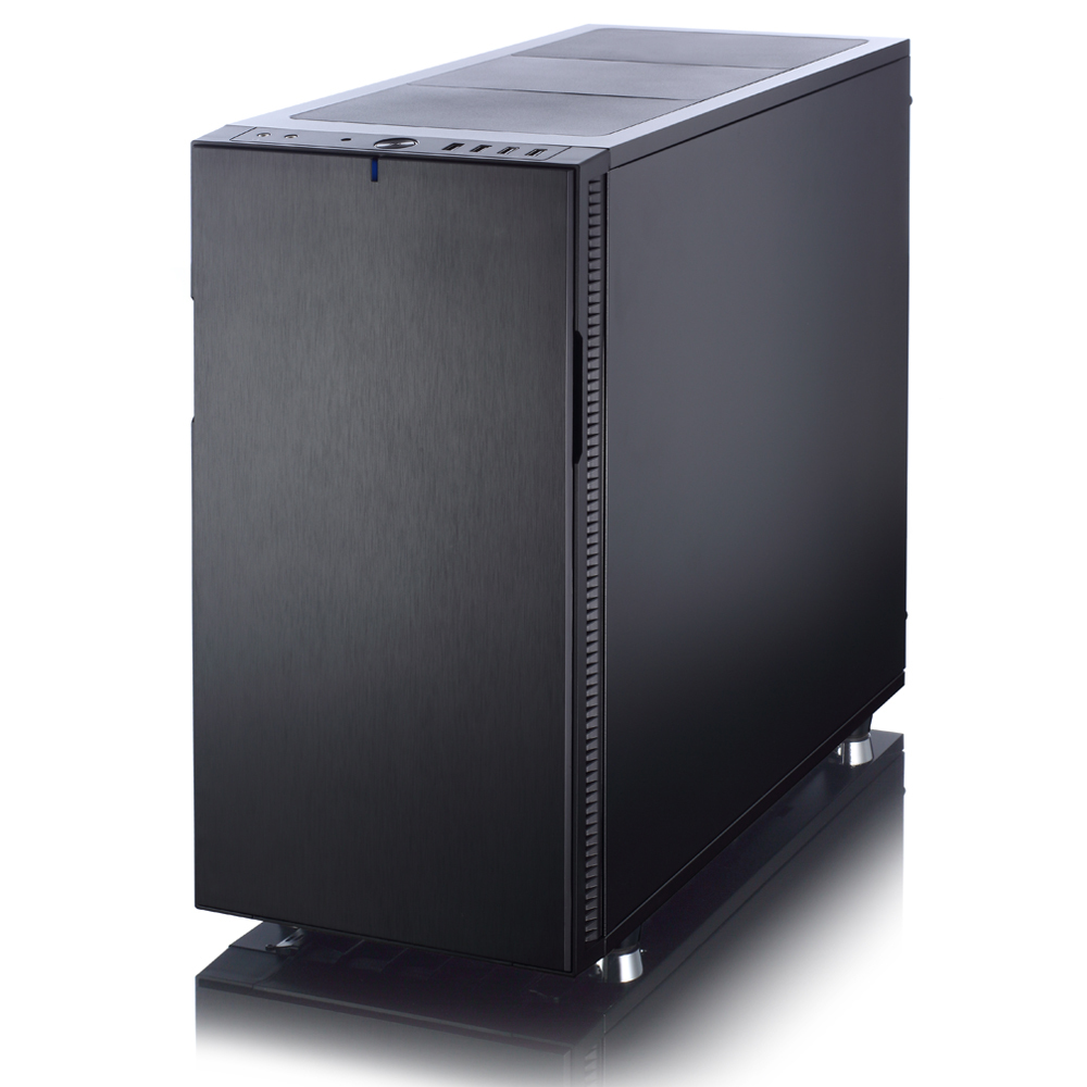 Un case per computer nero con pannello superiore e frontale, supporto argentato.