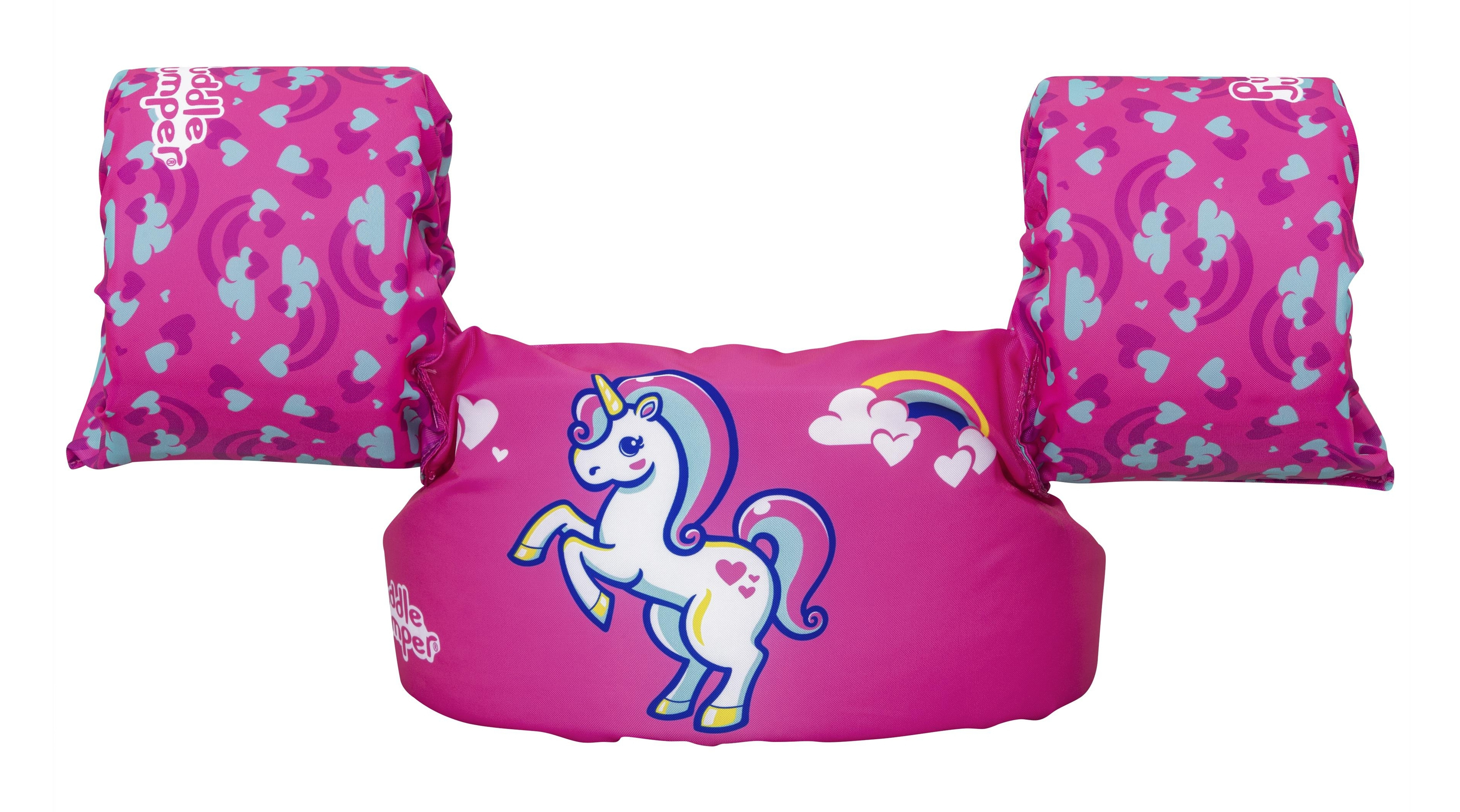 Un salvagente rosa per bambini con un design a unicorno e braccioli.