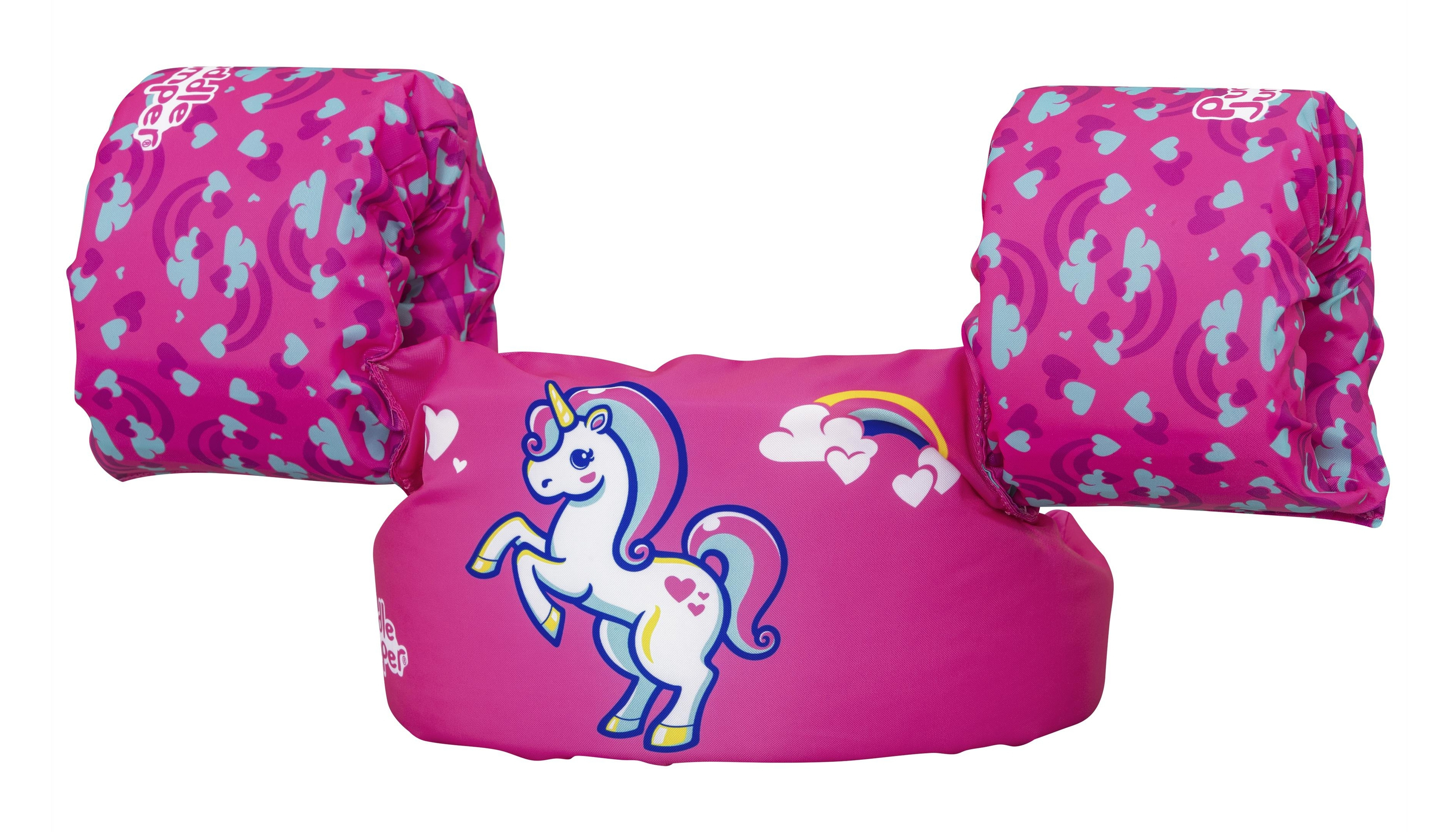 Un salvagente rosa per bambini con un design a unicorno e braccioli.