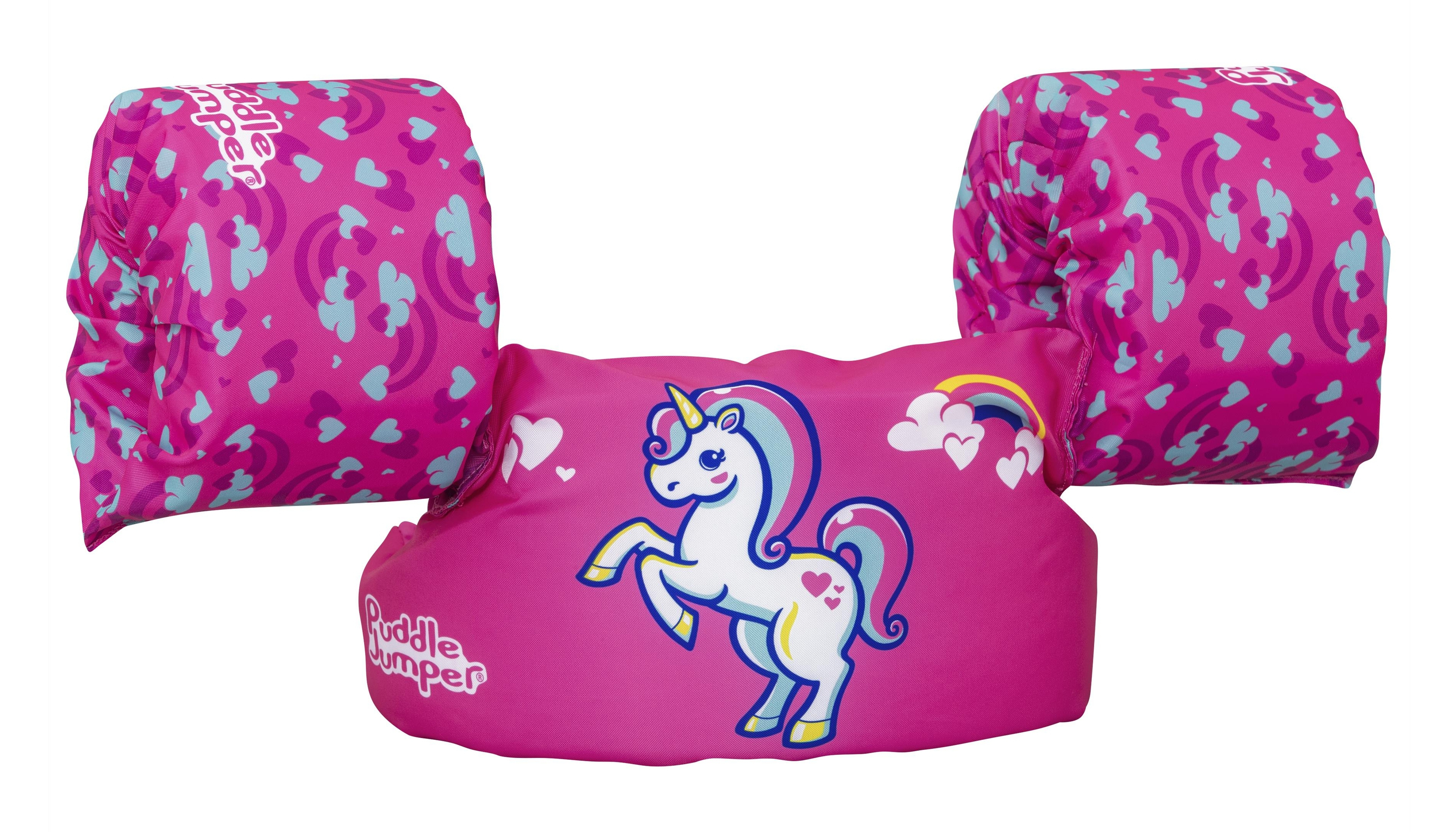 Braccioli da nuoto rosa con un design a unicorno. L'unicorno è bianco con arcobaleno e cuori.