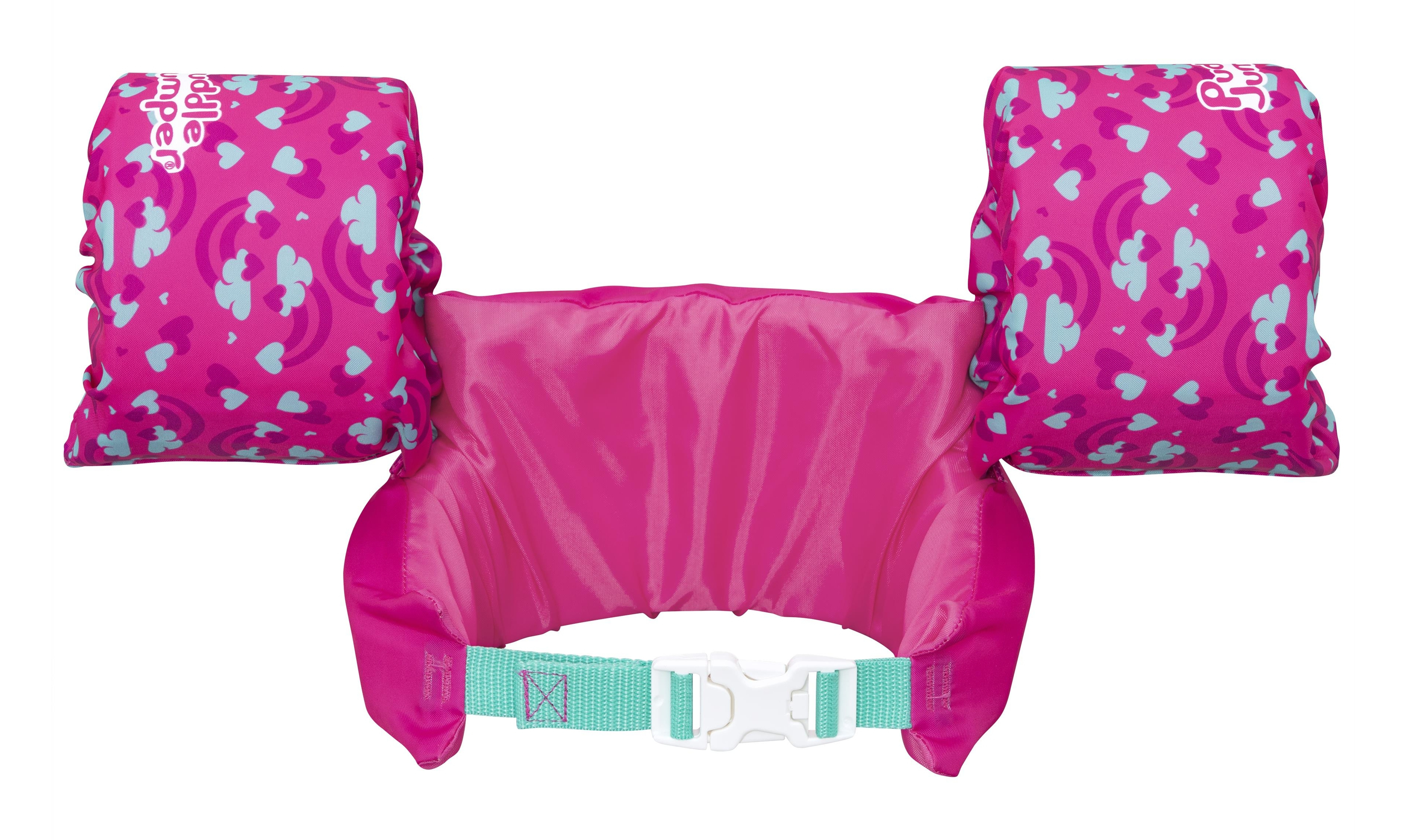 Braccioli rosa e blu per bambini. I braccioli hanno cuori e arcobaleni e fibbie bianche.
