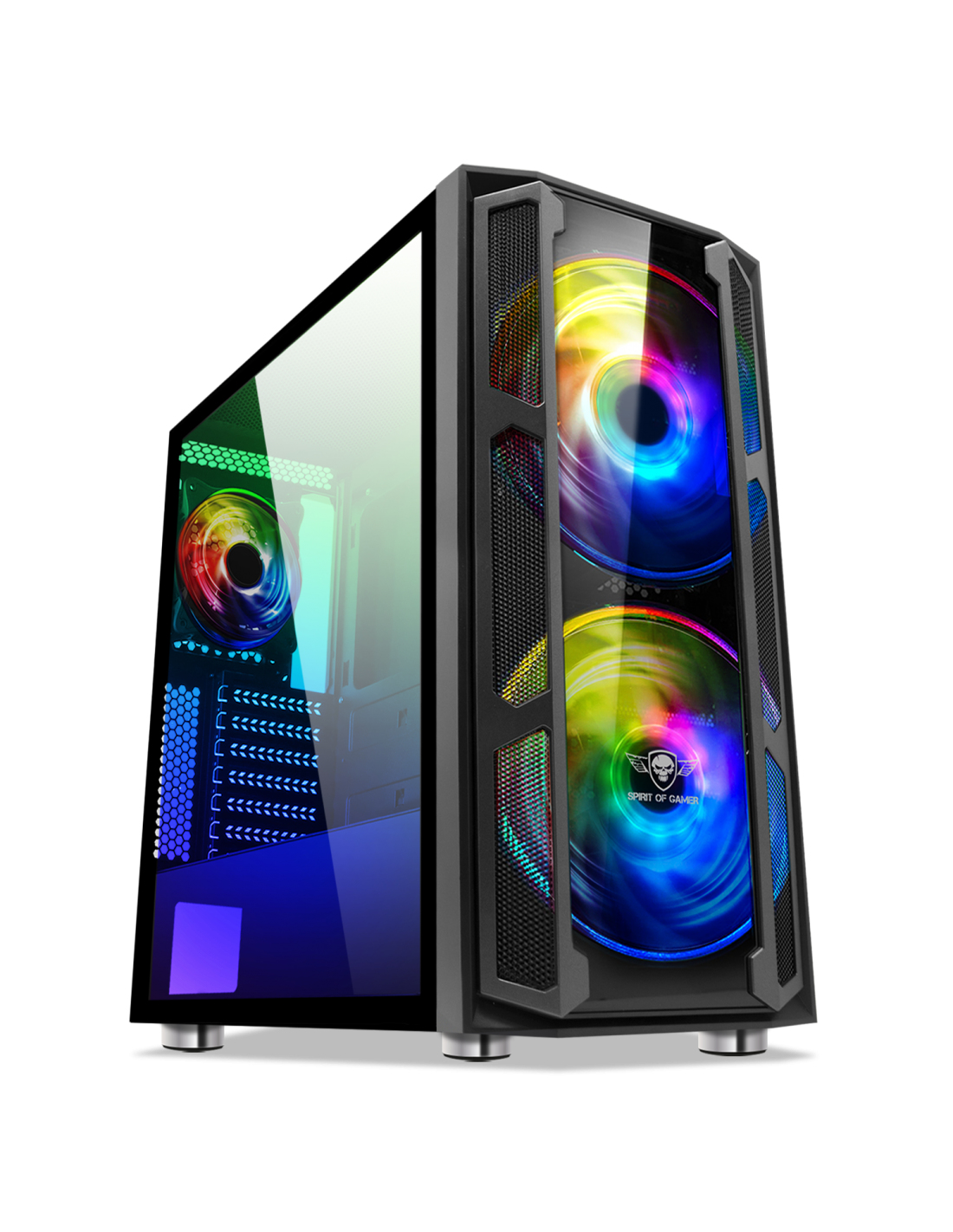 Un case per computer nero con lato in vetro e ventole RGB.