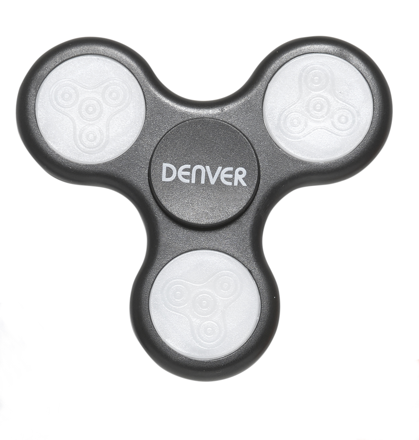 Un fidget spinner nero e grigio con tre bracci. La parola 'DENVER' è al centro.