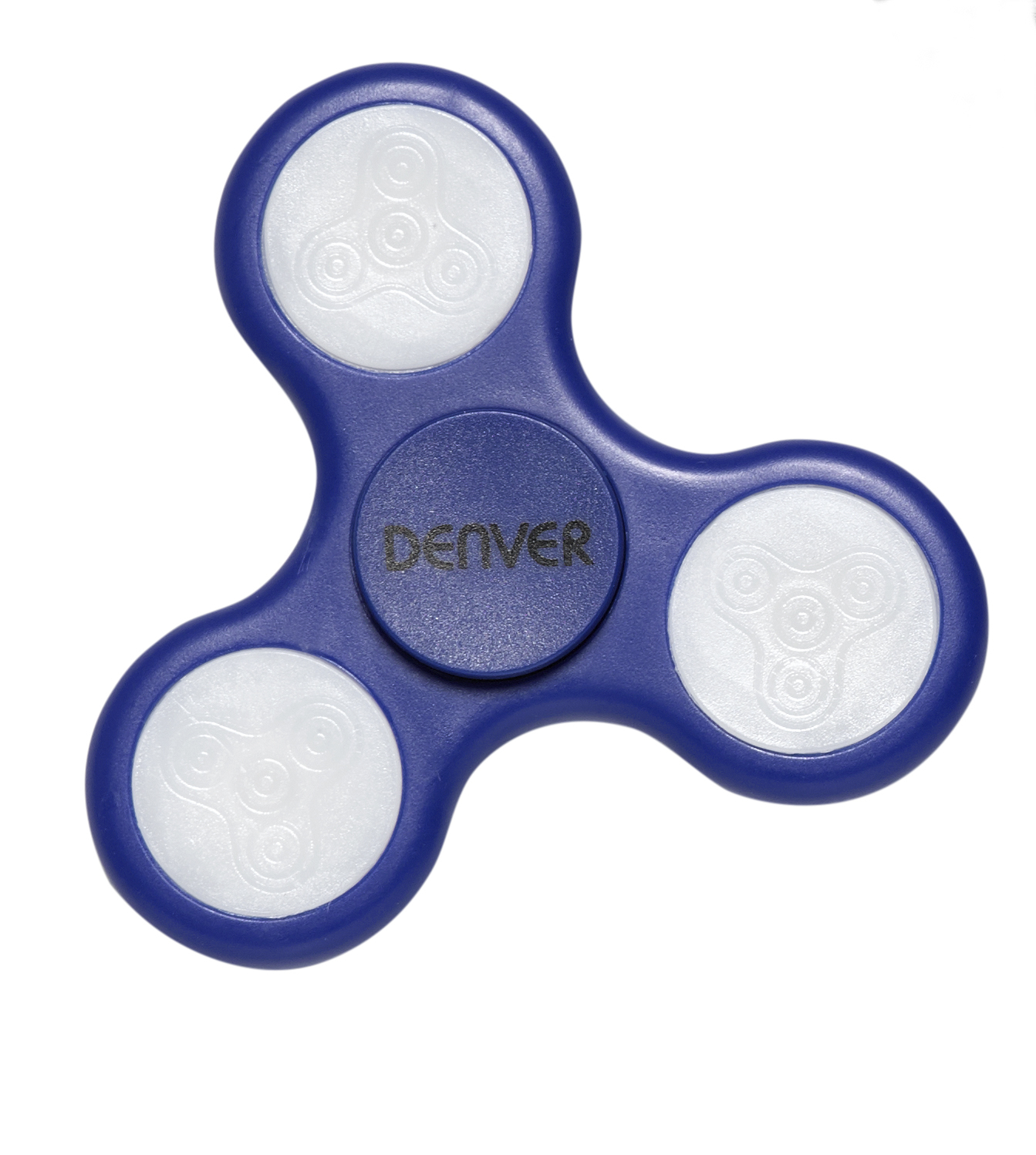 Giocattolo fidget spinner blu e bianco.
