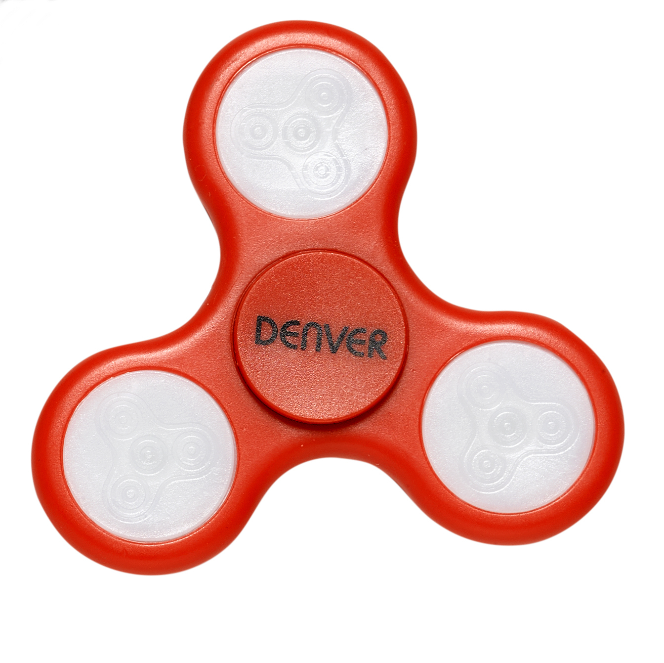 Un fidget spinner rosso e bianco con sfondo bianco.