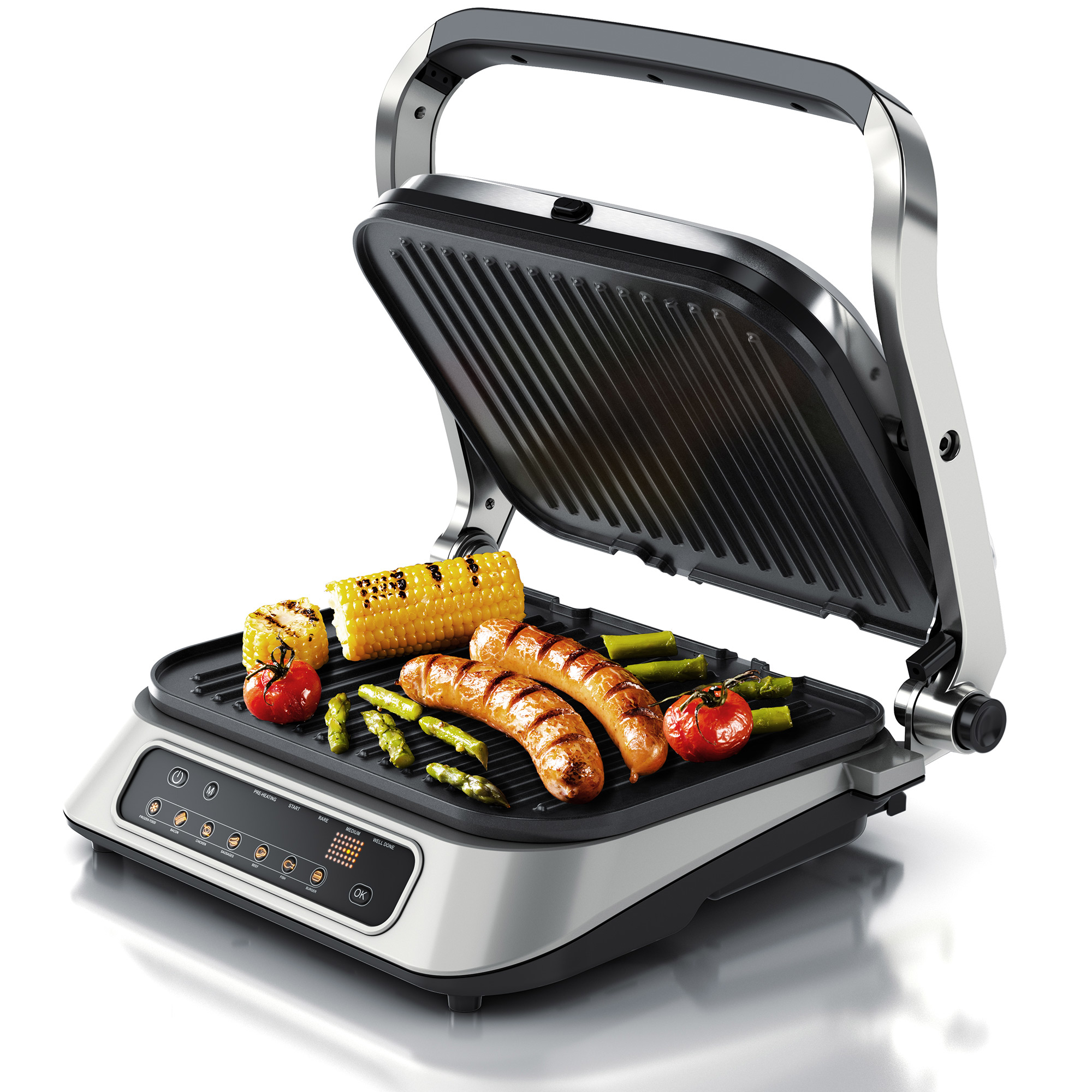 Offener Elektrogrill mit gekochten Speisen: Mais, Würstchen, Tomaten und Spargel. Silbernes und schwarzes Design.
