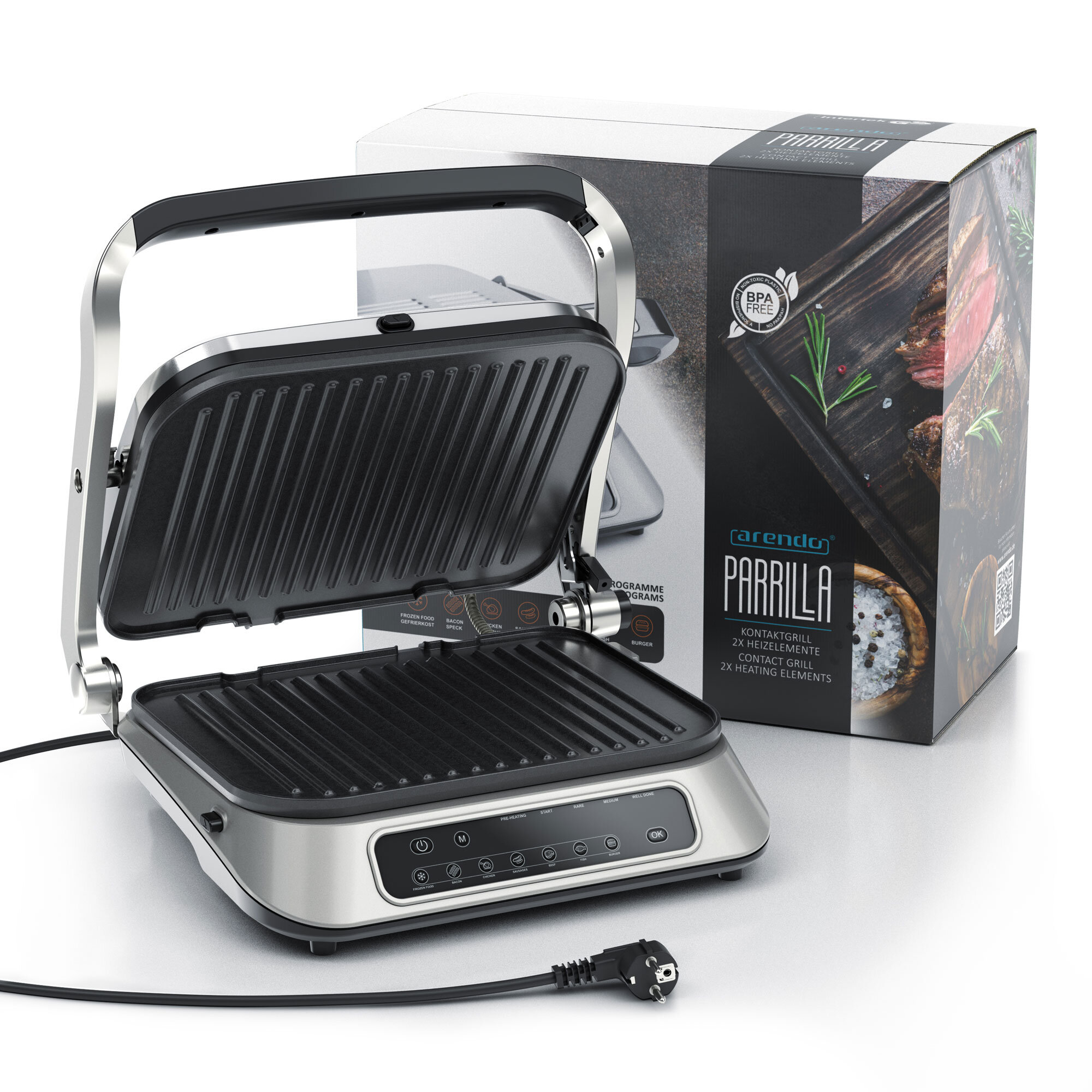 Silberner Grill mit offenem Deckel und Schachtel dahinter. Schachtel zeigt Grill mit Fleisch und Rosmarin.