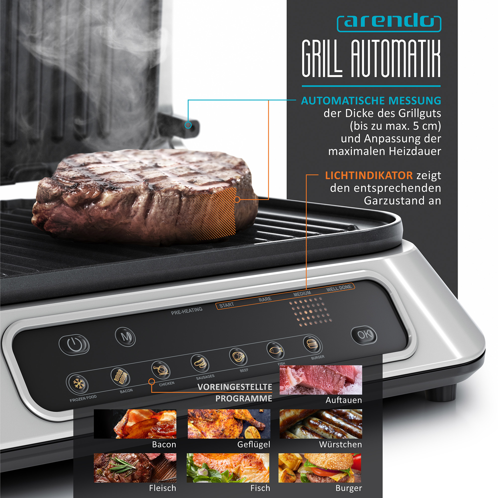 Nahaufnahme eines Elektrogrills mit einem bratenen Steak. Bedienfeld mit voreingestellten Programmen und Tasten.