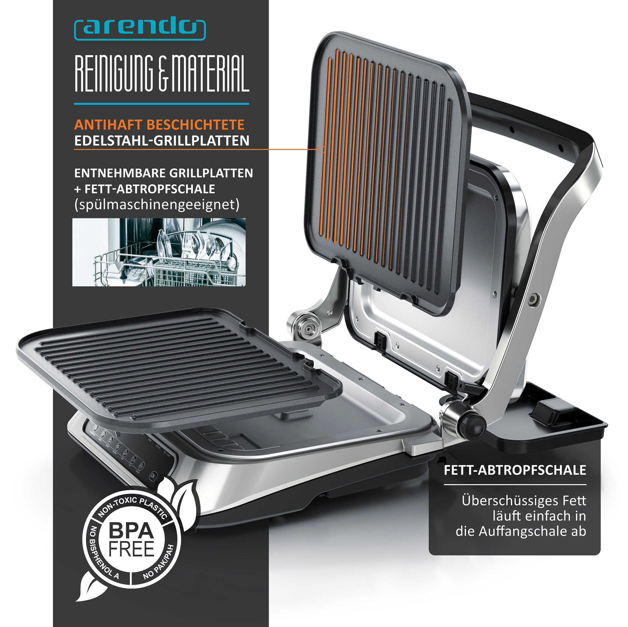 Grill. Offen. Elektrischer Grill mit offener Platte. Edelstahl- und schwarze Komponenten.