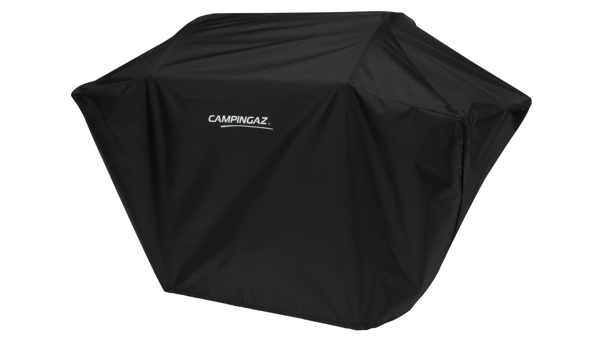 Czarna osłona grilla z białym logo na białym tle.