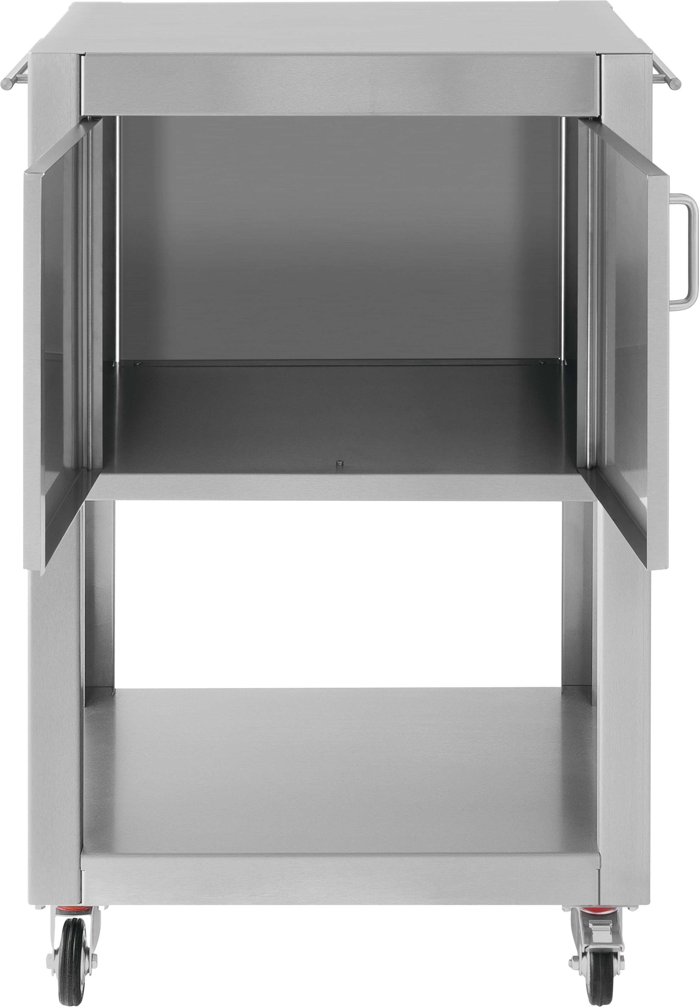 Wózek kuchenny ze stali nierdzewnej z otwartymi drzwiami. Ma półkę w środku i na dole. Czerwone kółka.