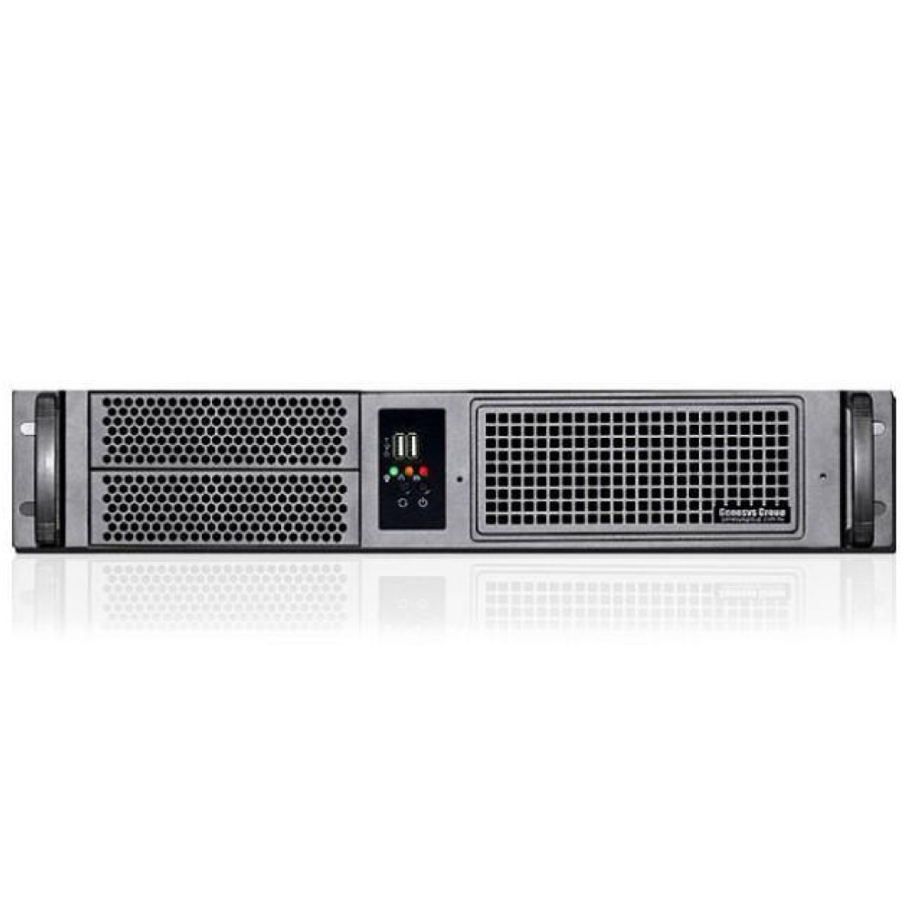 Server rack argentato. Ha prese d'aria, porte USB e pulsanti di accensione. Superficie riflettente sottostante.