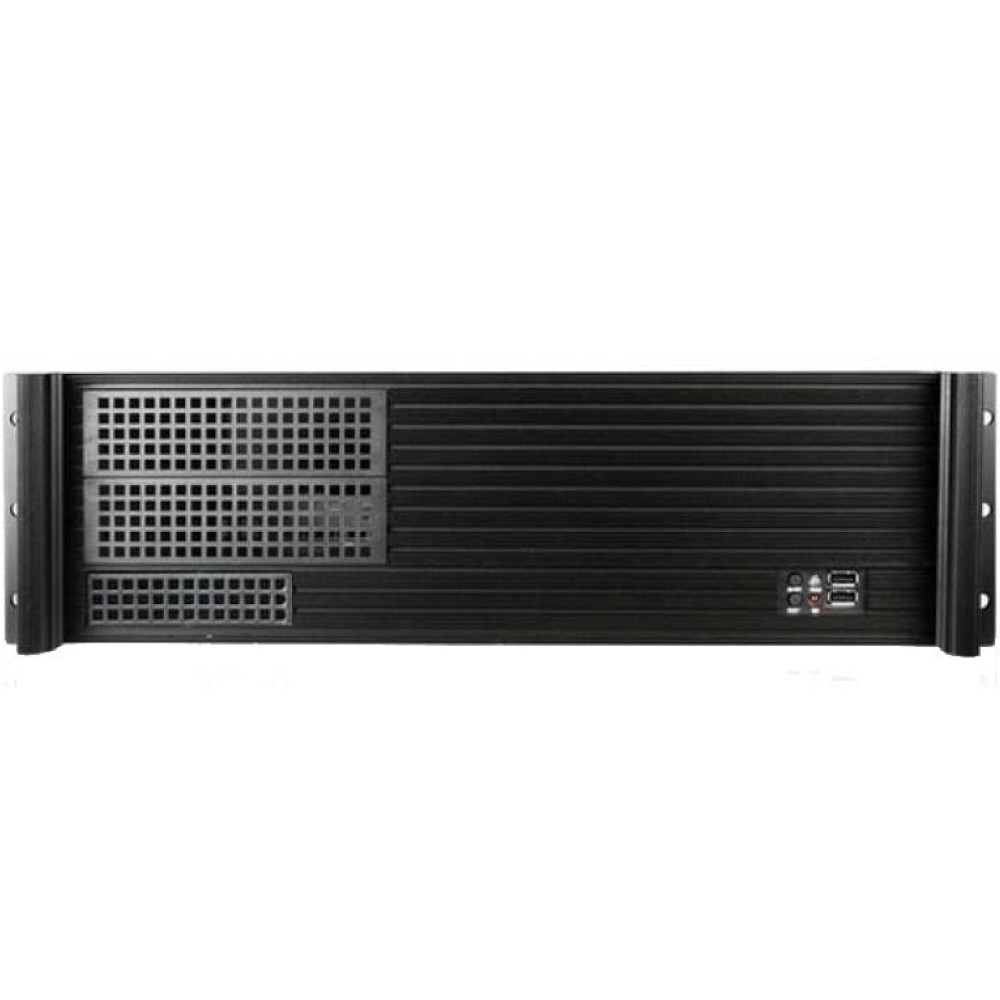 Vista posteriore del case del computer nero. Rettangolare con prese d'aria e porte.