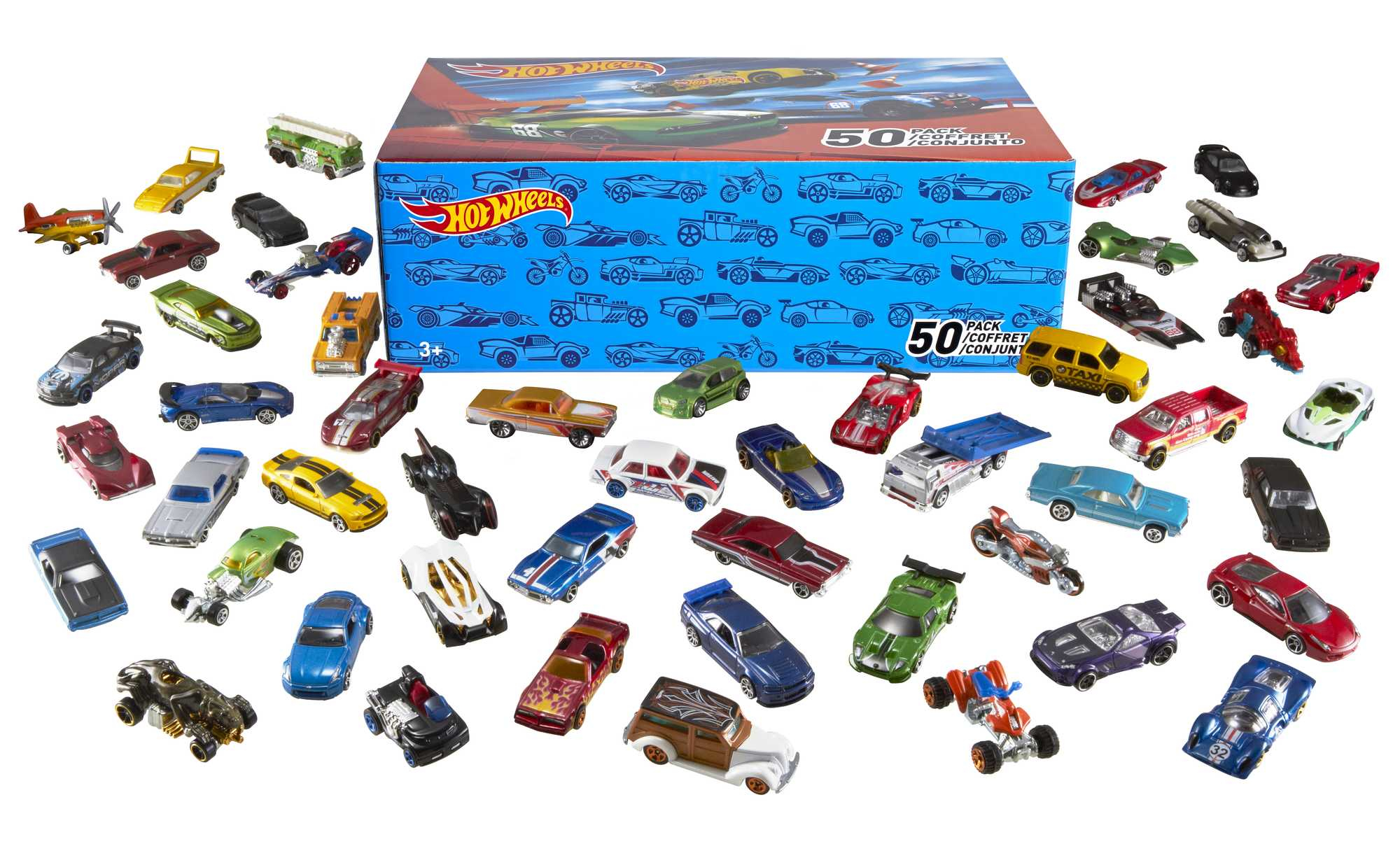 Sortiment kleiner Hot Wheels Autos in verschiedenen Farben und Designs, mit einer Box.