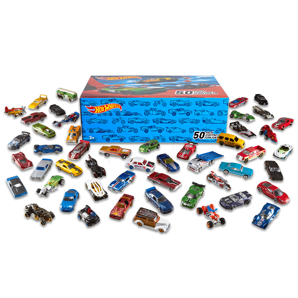 Viele Spielzeugautos in einer Box. Verschiedene Farben und Stile. 'HOT WHEELS'.