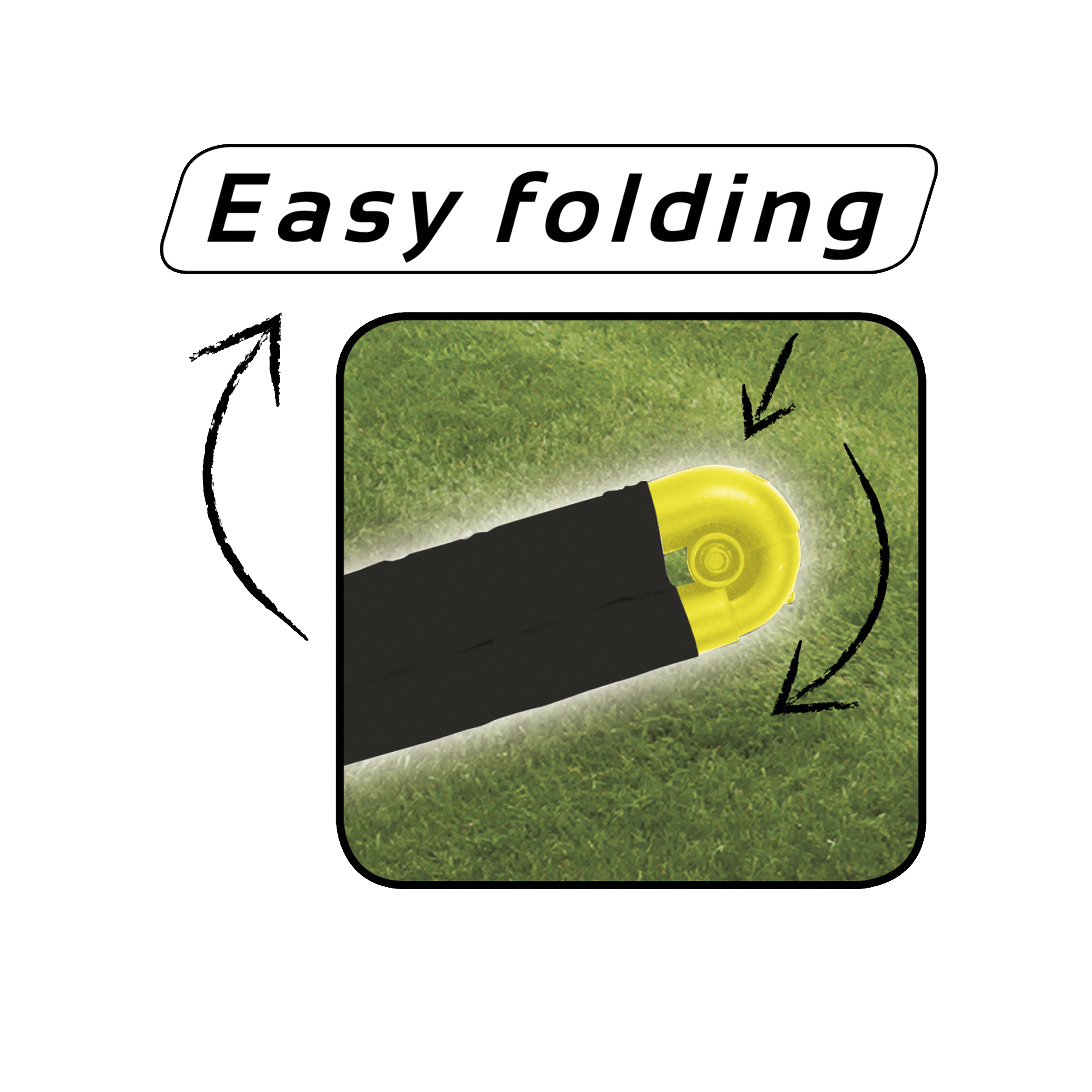 Un'illustrazione di un oggetto nero e giallo che si piega su uno sfondo verde, con frecce e testo.