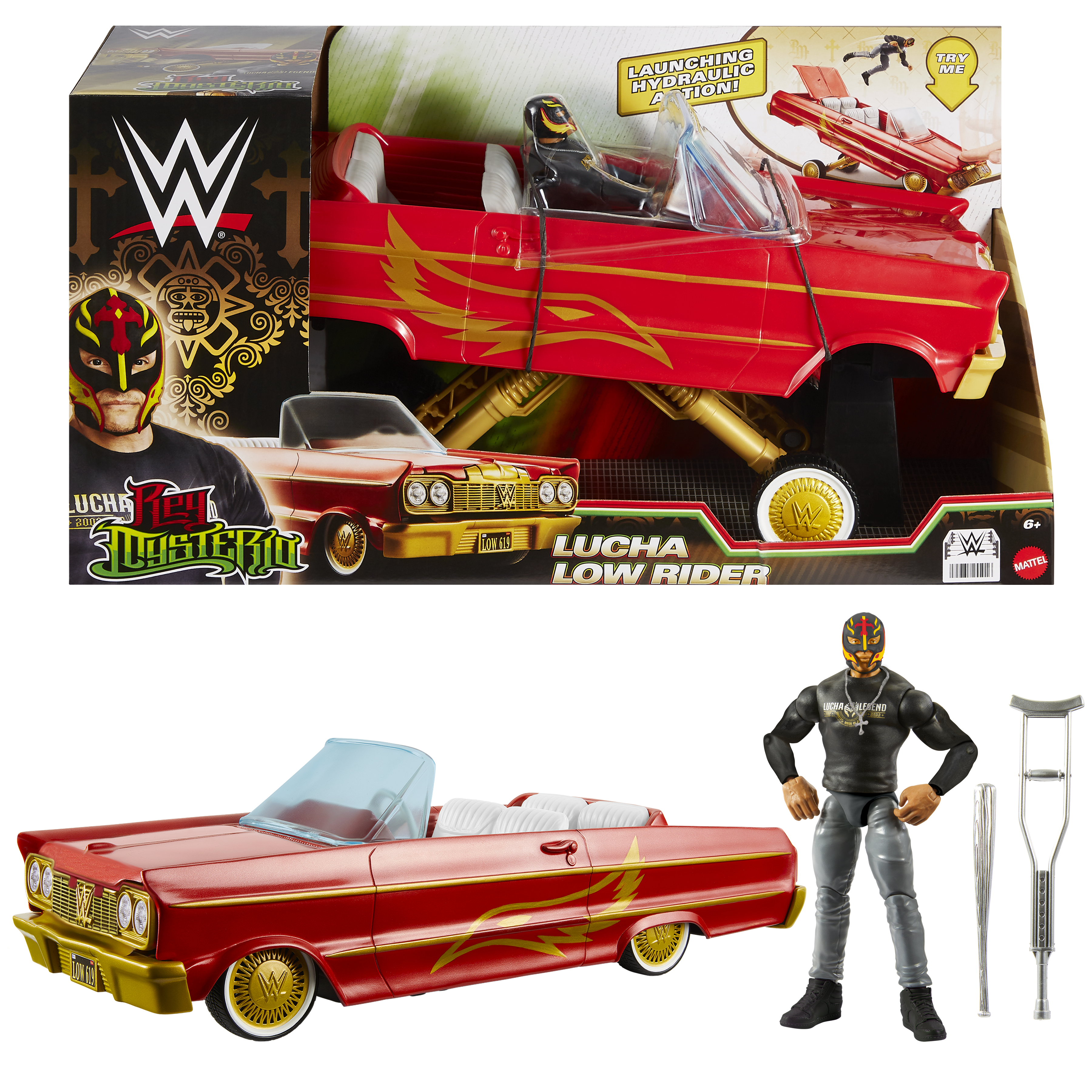 Set di giocattoli di un'auto lowrider rossa con una figura di wrestler. In scatola.