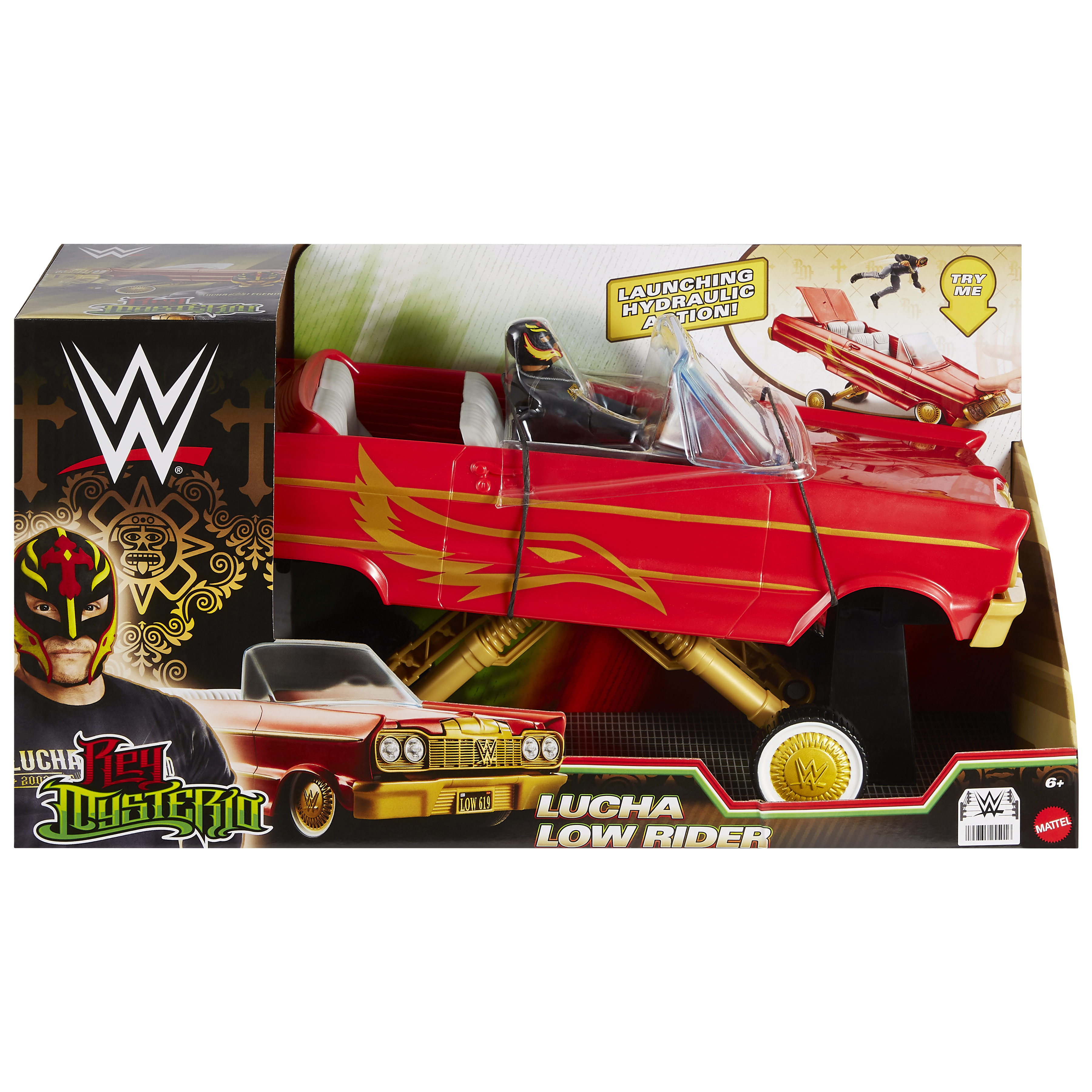 Macchina giocattolo in una scatola. È una Lucha Low Rider rossa con una figura di wrestler.