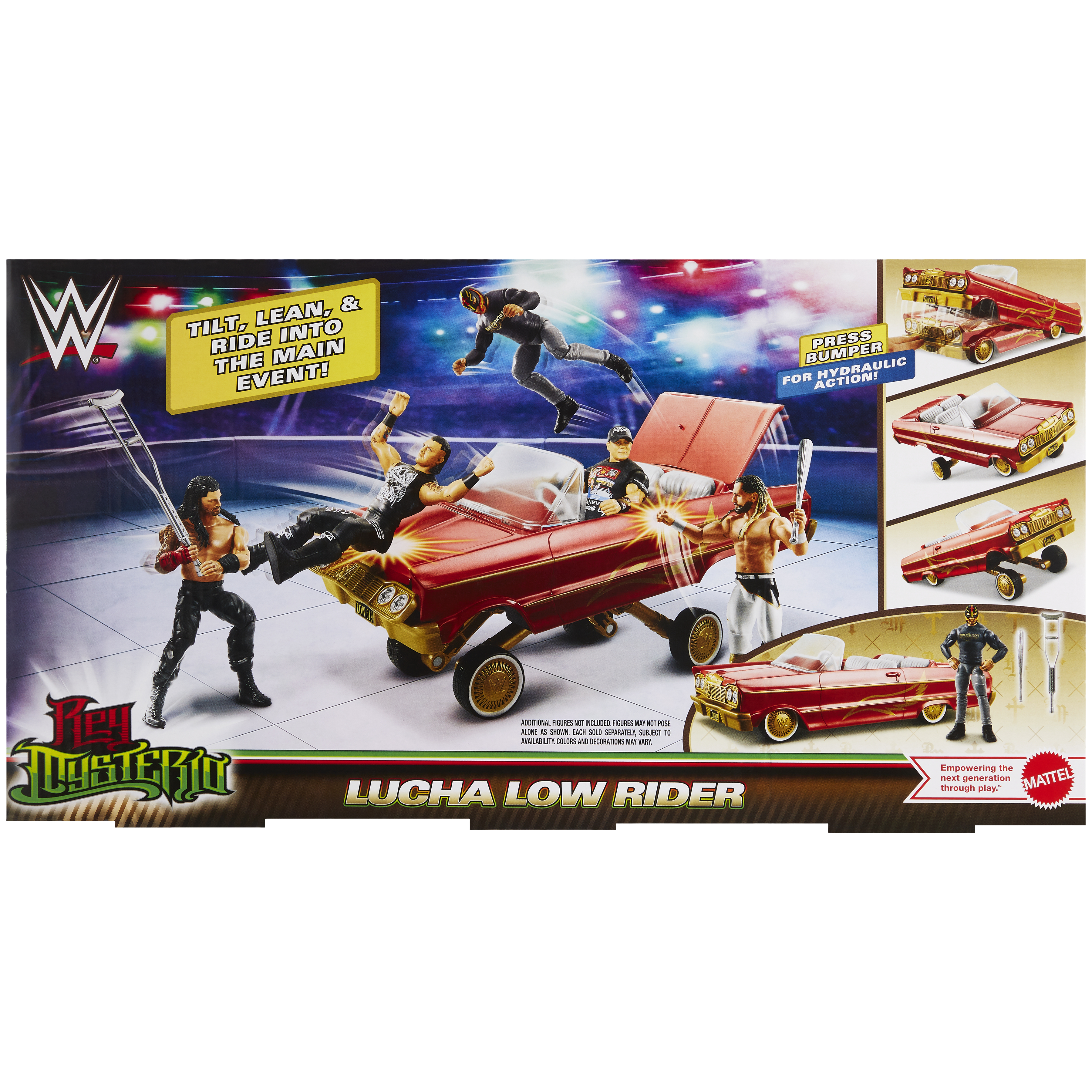 Set di giocattoli con wrestler in un'auto lowrider. In scatola.