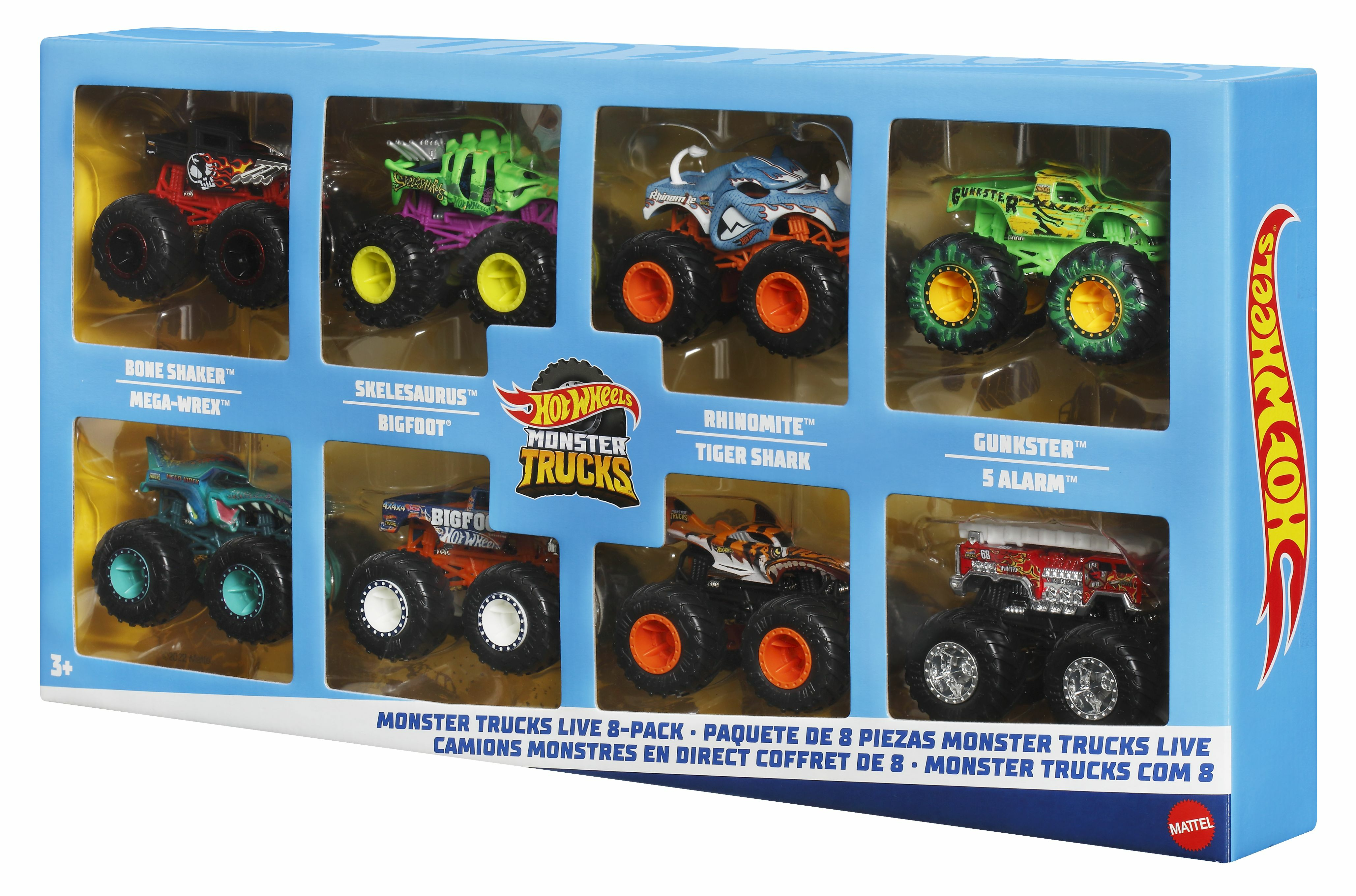 Schachtel mit Hot Wheels Monstertrucks in verschiedenen Farben und Designs, mit dem Hot Wheels Logo.
