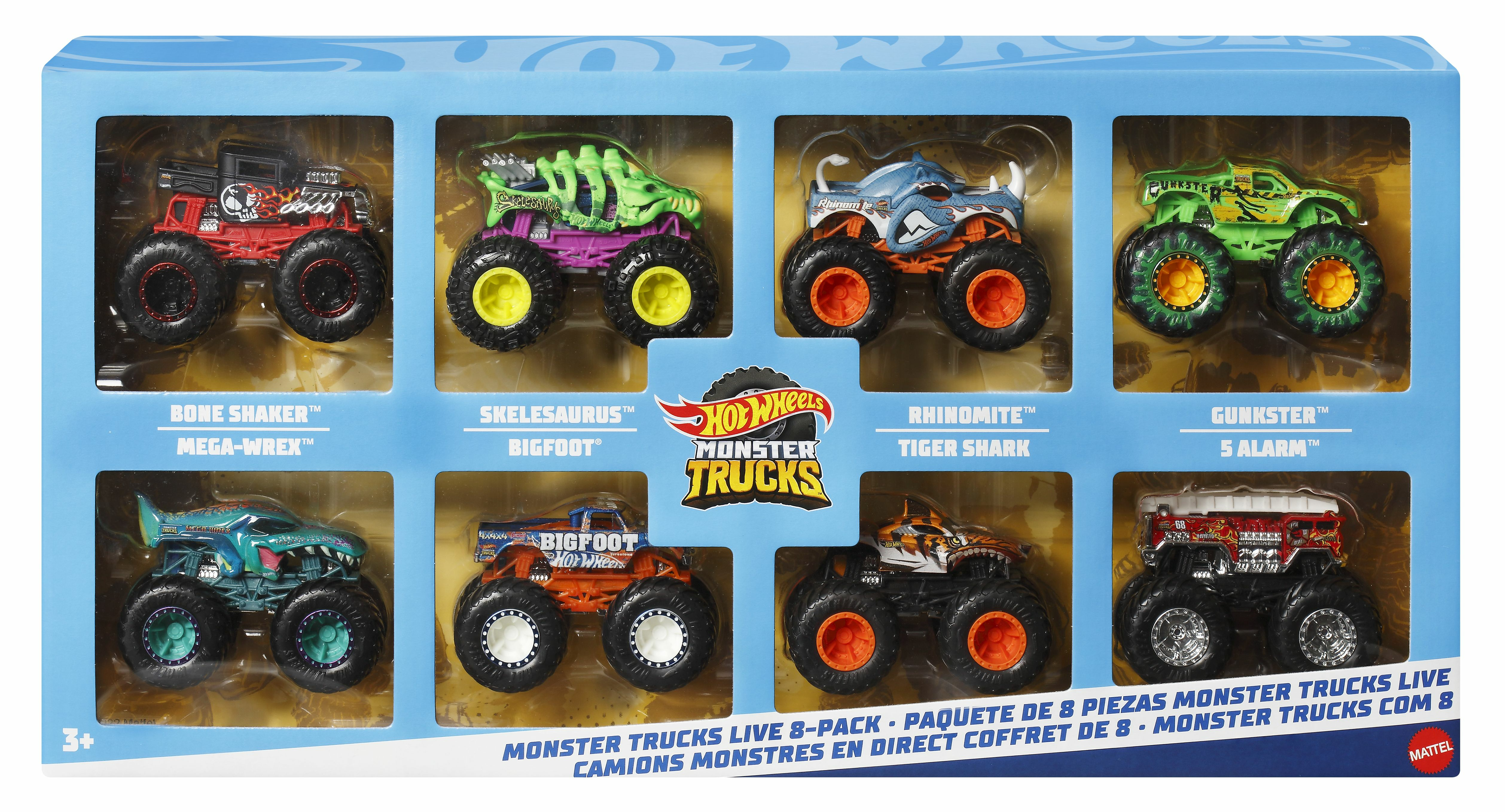 Acht Hot Wheels Monstertrucks. Jeder Truck befindet sich in einem separaten Fach der Box.