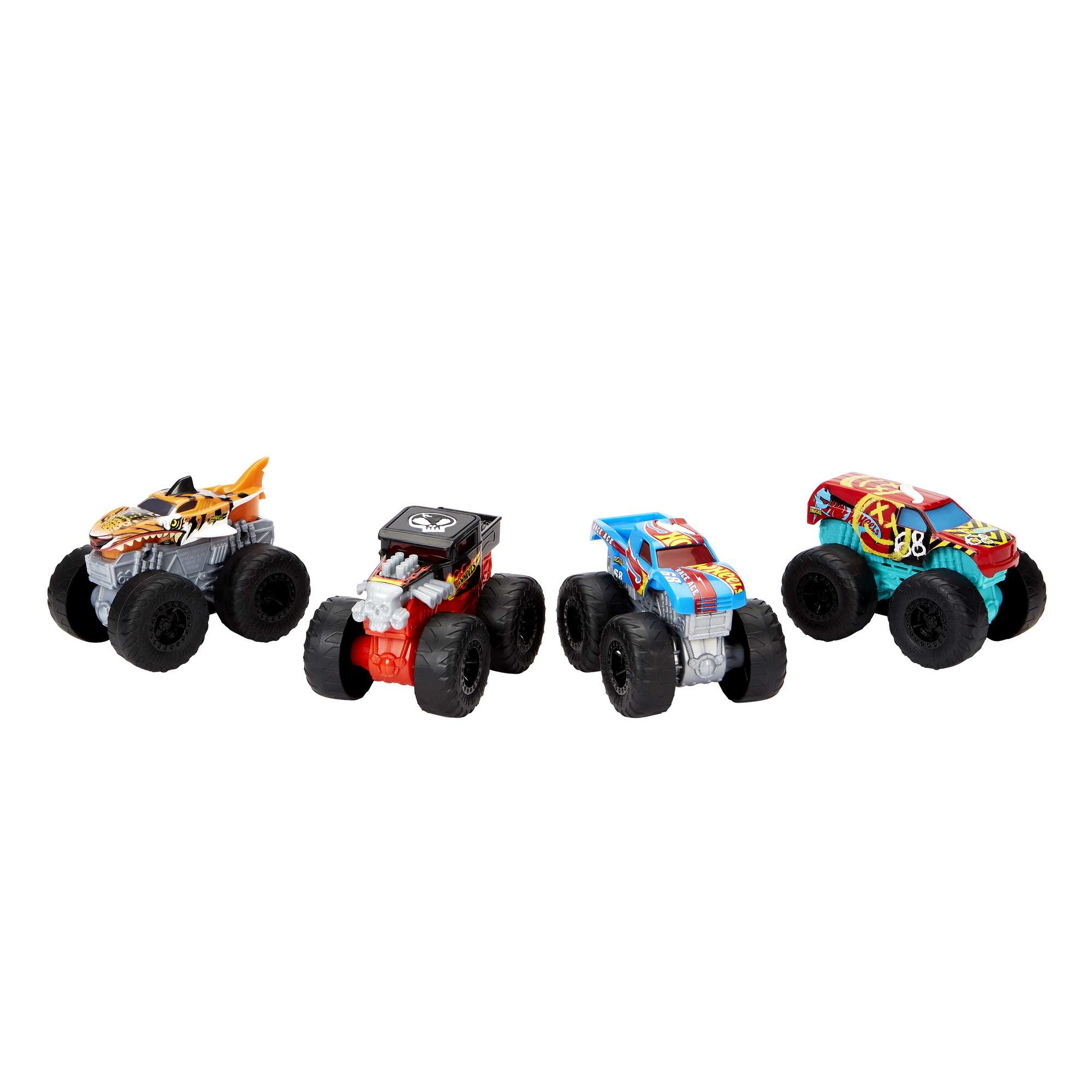 Vier Monstertruck-Spielzeuge mit einzigartigen Designs und Farben, auf weißer Oberfläche.