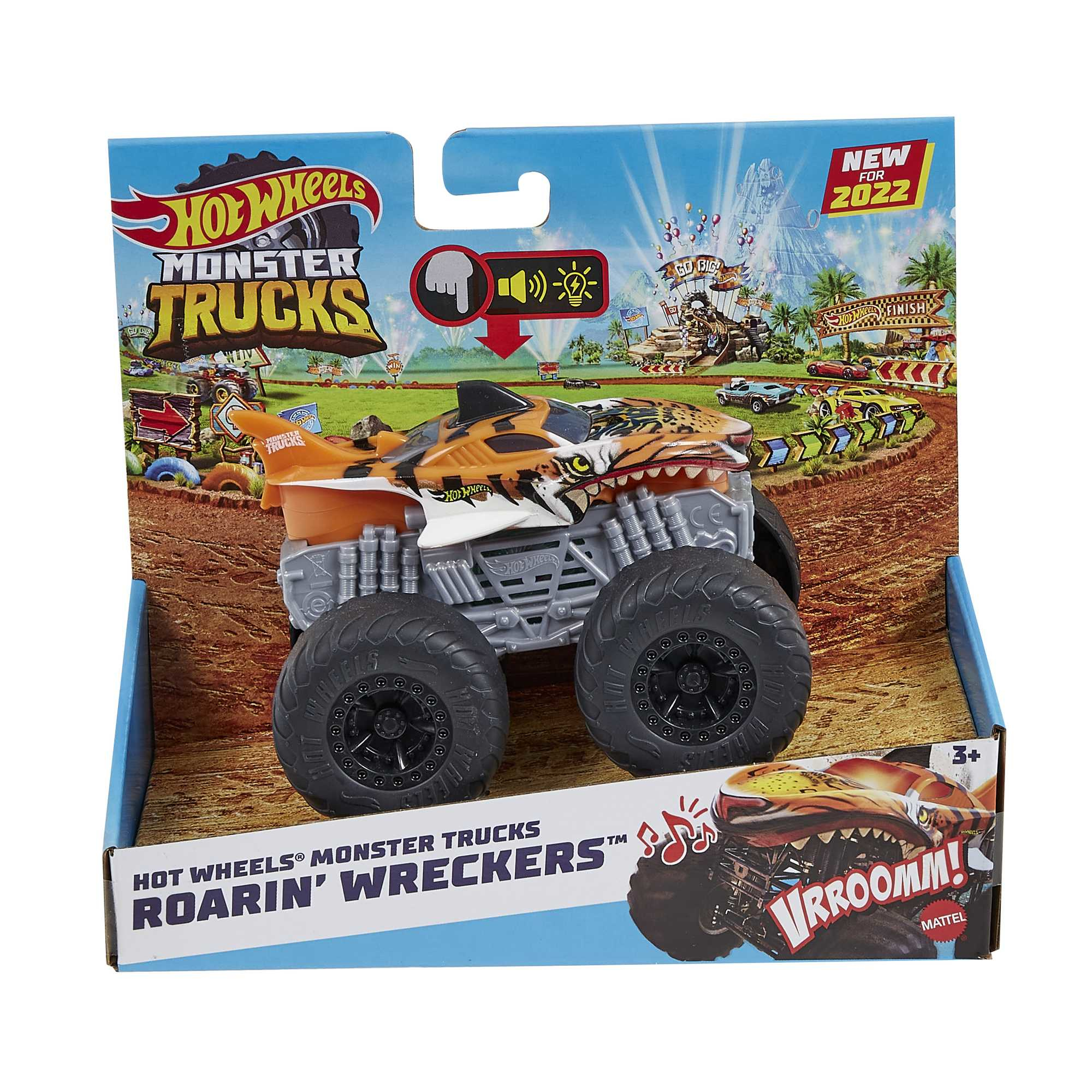 Hot Wheels Monstertruck in einer Box. Der Truck ist orange und schwarz, mit Tiger-Design.