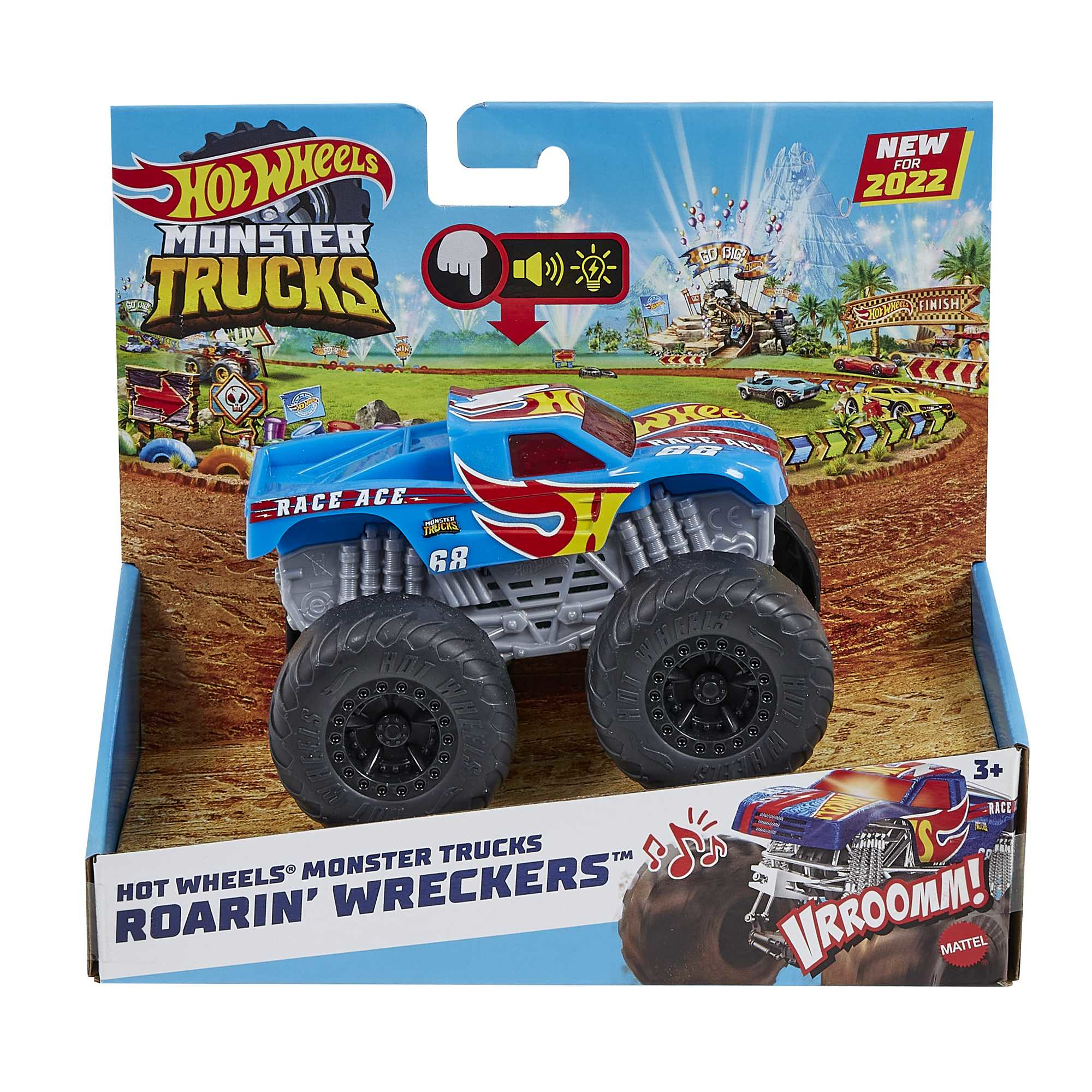 Hot Wheels Monster Trucks Box. Blauer Truck, Rennstrecke. 'Roarin' Wreckers' Text.