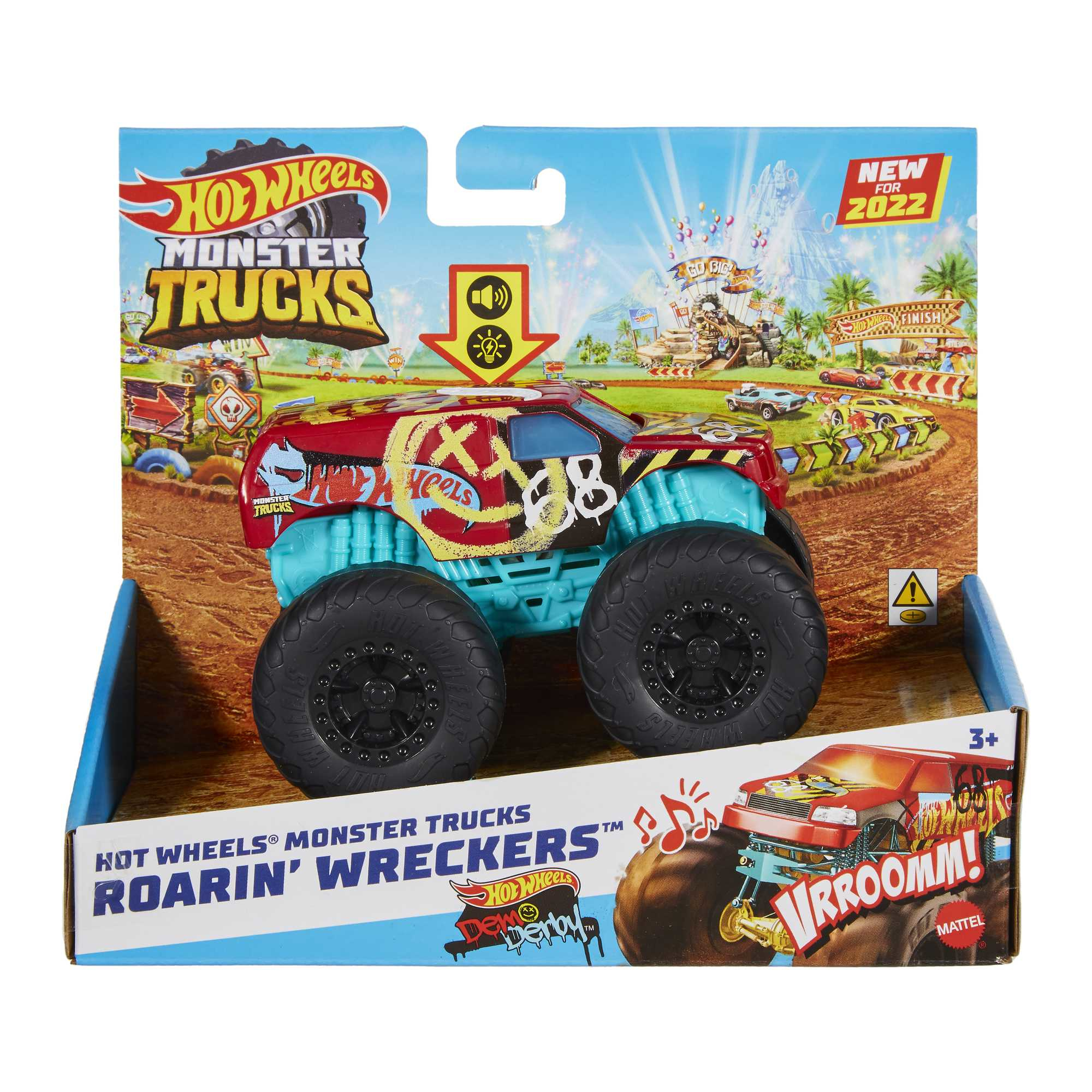 Hot Wheels Monstertruck-Spielzeug in einer Box. Der Truck ist rot, blau und hat Graffiti-Kunst.