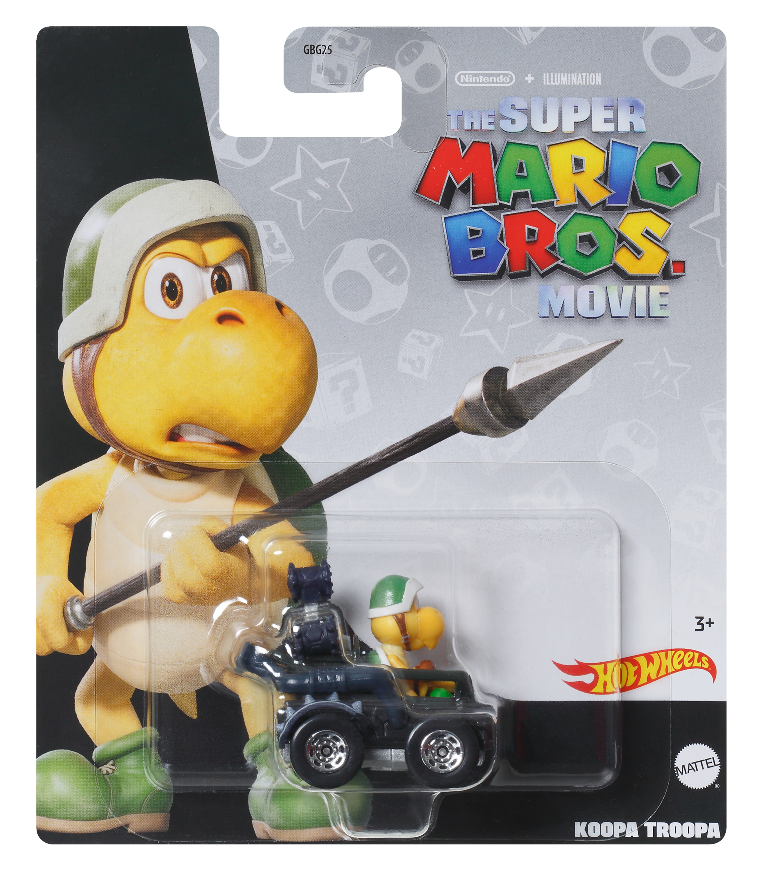 Koopa Troopa Spielzeug in Verpackung. Die Verpackung zeigt ein Spielzeugfahrzeug und das Super Mario Bros Movie Logo.