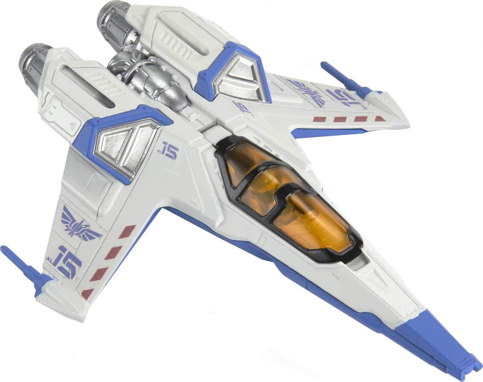 Statek kosmiczny zabawka, biało-niebieski, z pomarańczowym kokpitem i detalami skrzydeł.