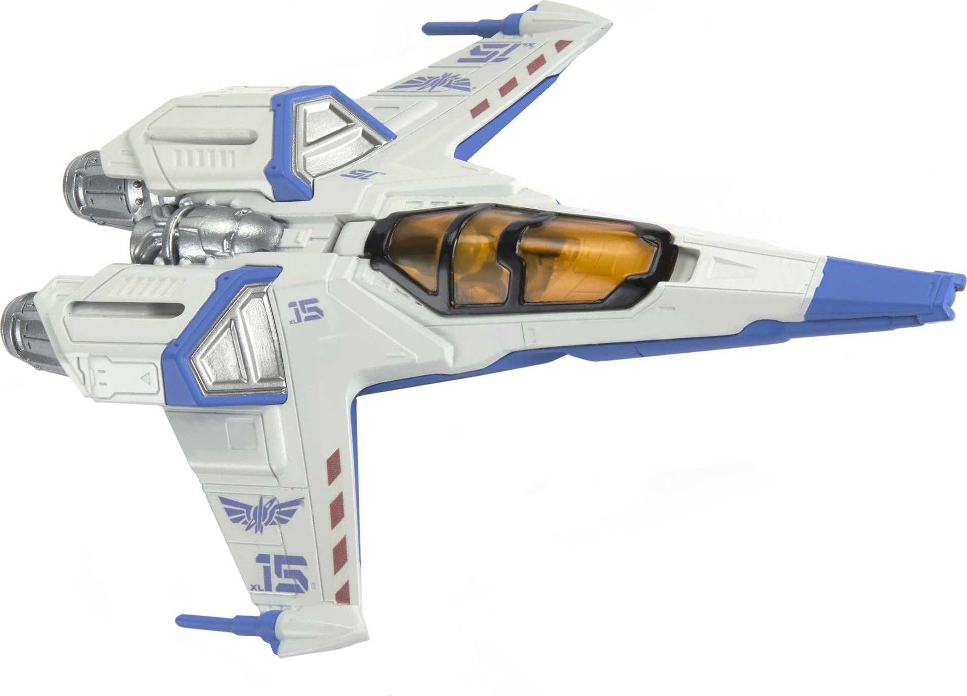 Biało-niebieski statek kosmiczny z pomarańczowym kokpitem i detalami skrzydeł.