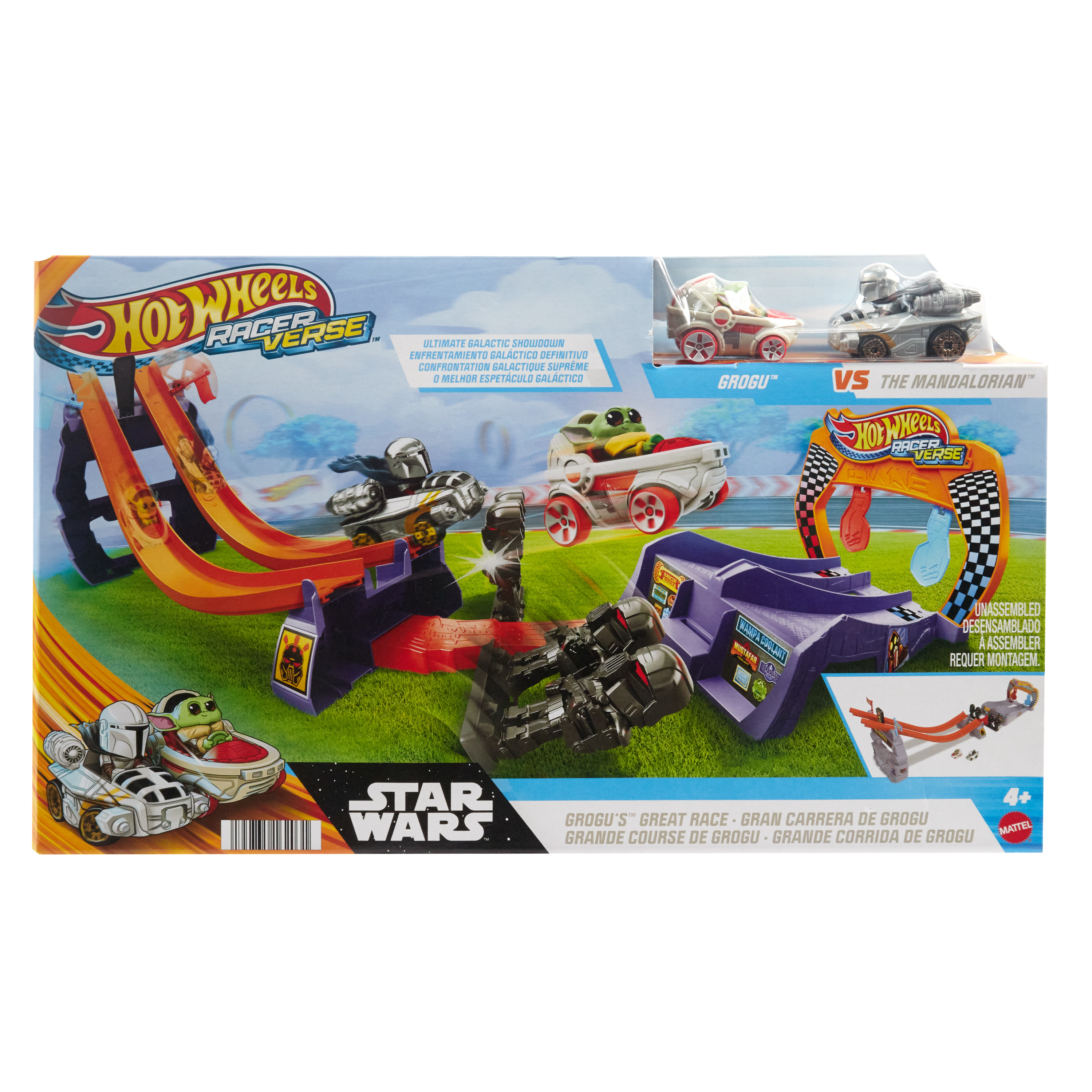 Hot Wheels Star Wars Streckenset mit Grogu vs. The Mandalorian Autos auf Rampen.
