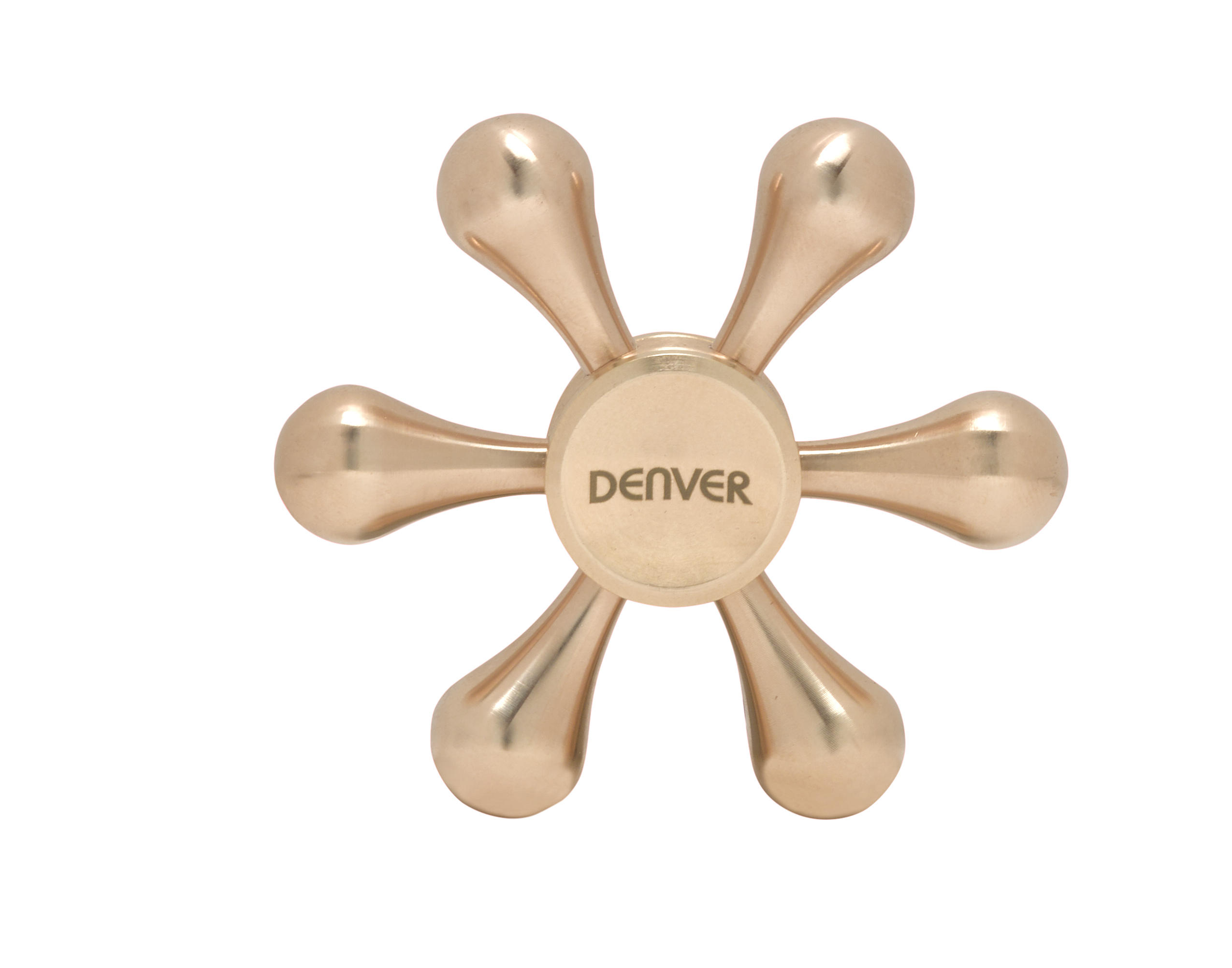 Giocattolo fidget spinner color oro su sfondo bianco, con la scritta "DENVER" al centro.