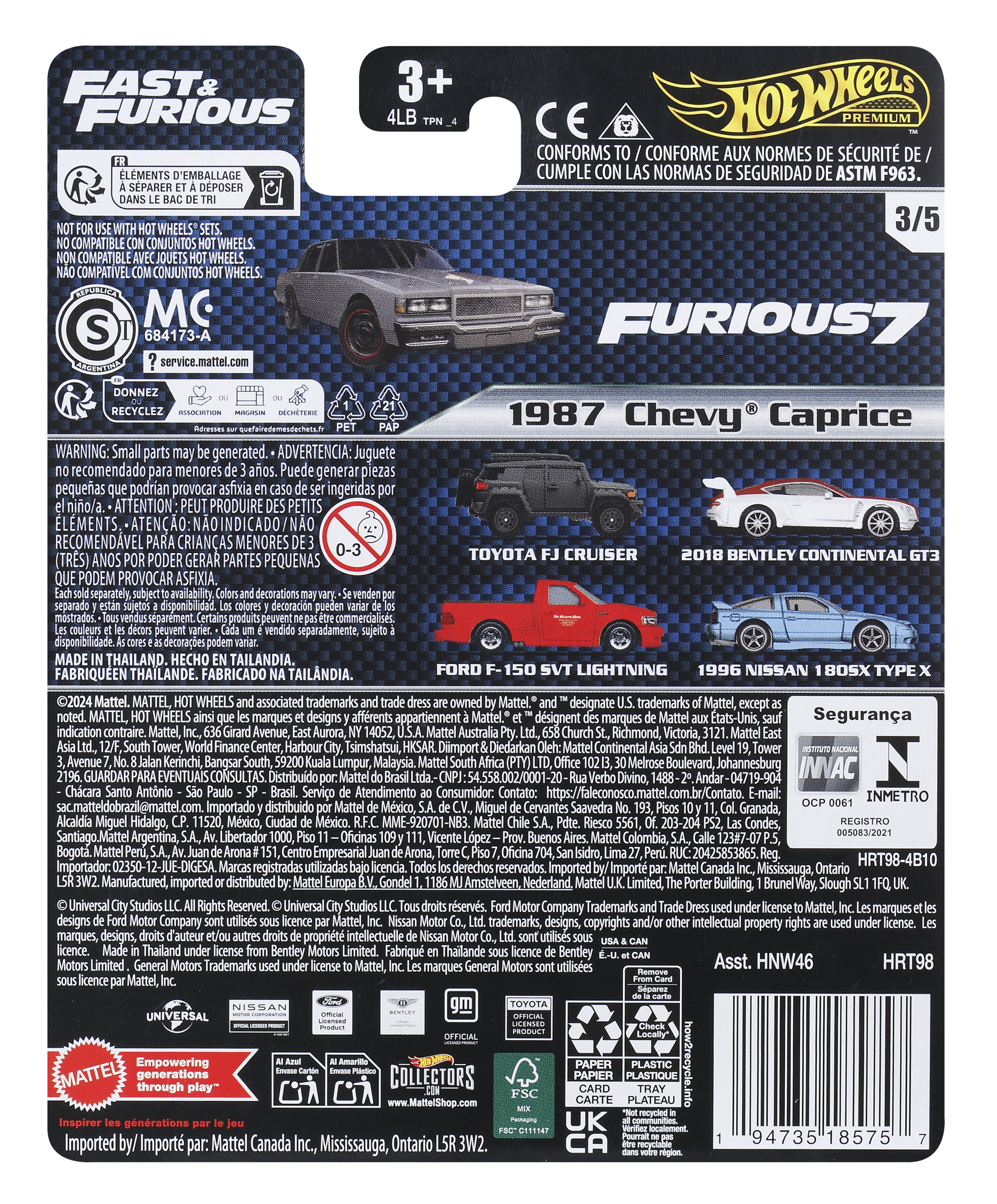 Tył opakowania Hot Wheels. Wyświetla obrazy samochodów i informacje dotyczące bezpieczeństwa.