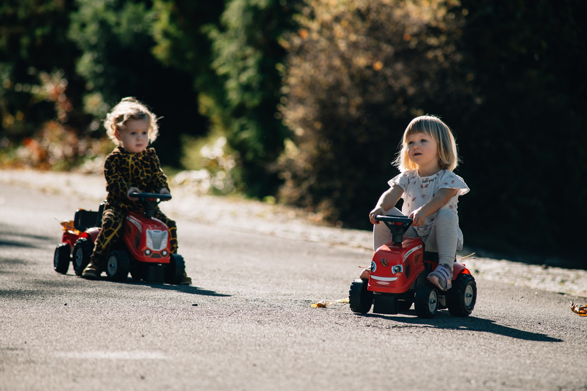 Dos niños montan tractores de juguete rojos en una carretera. El fondo son árboles y luz solar.