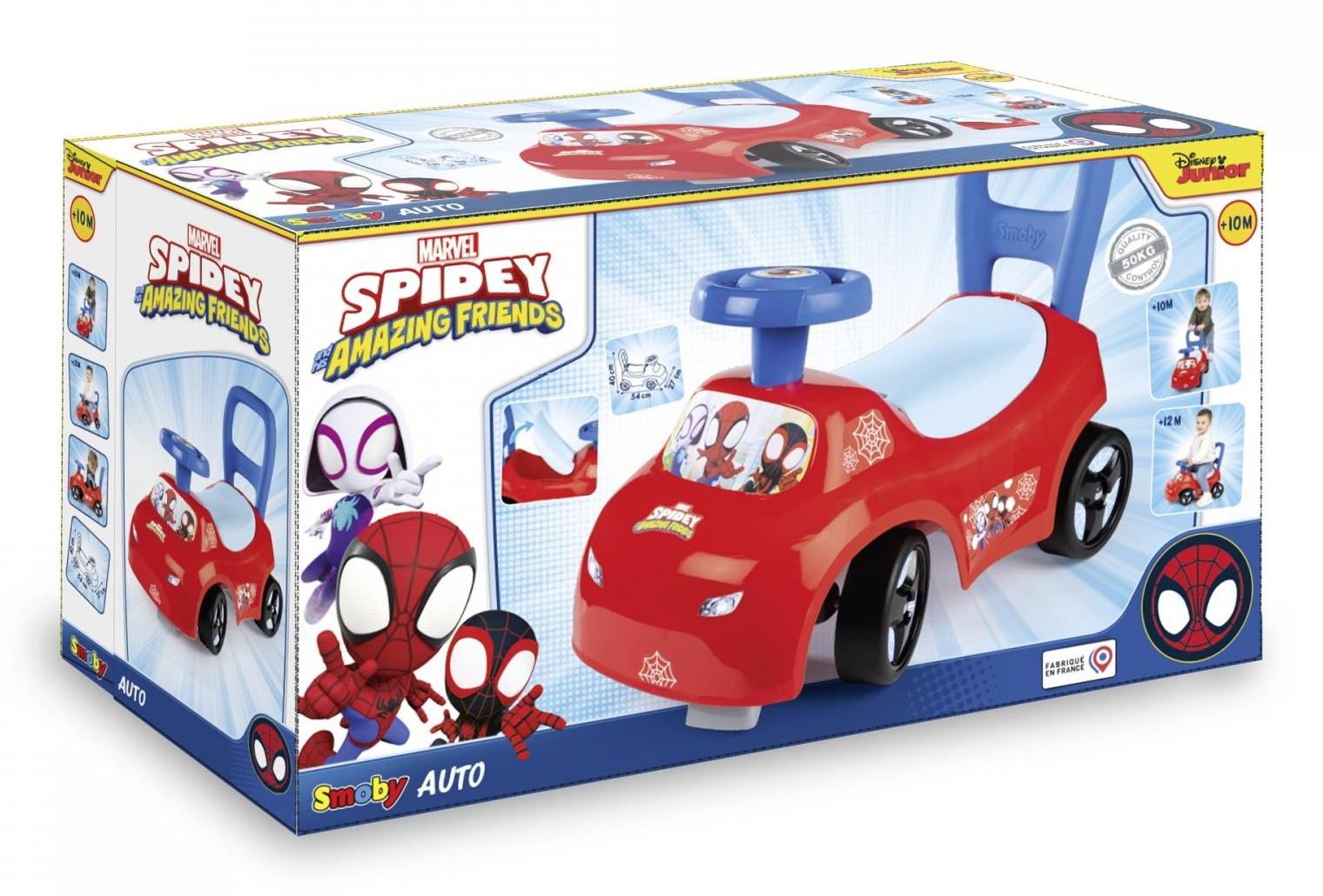 Ein Spidey-Auto-Spielzeug in einer Box, rot, mit Spider-Man-Grafiken und blauem Schiebegriff.
