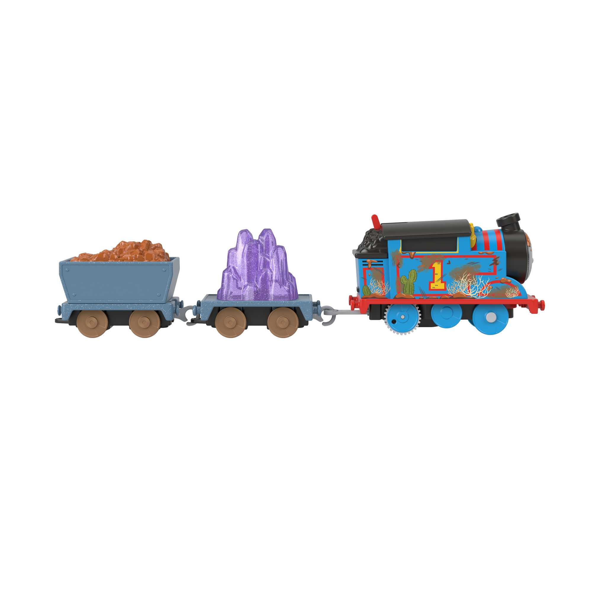 Thomas die Lokomotive mit zwei Waggons. Ein Waggon hat braune Steine, der andere lila Kristalle.