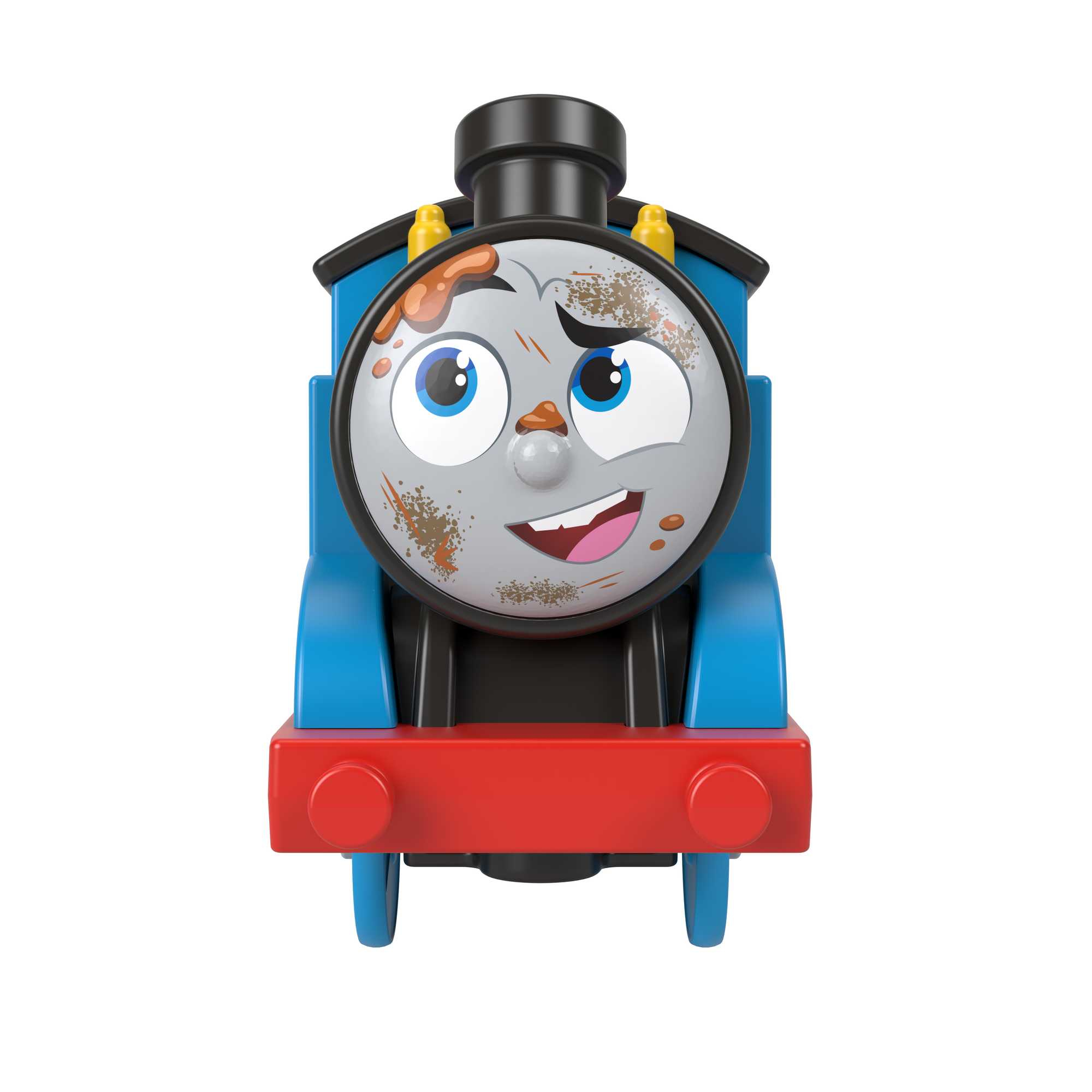 Spielzeug Thomas, die Lokomotive mit Schlammflecken. Blau und Rot dominieren die Frontansicht.