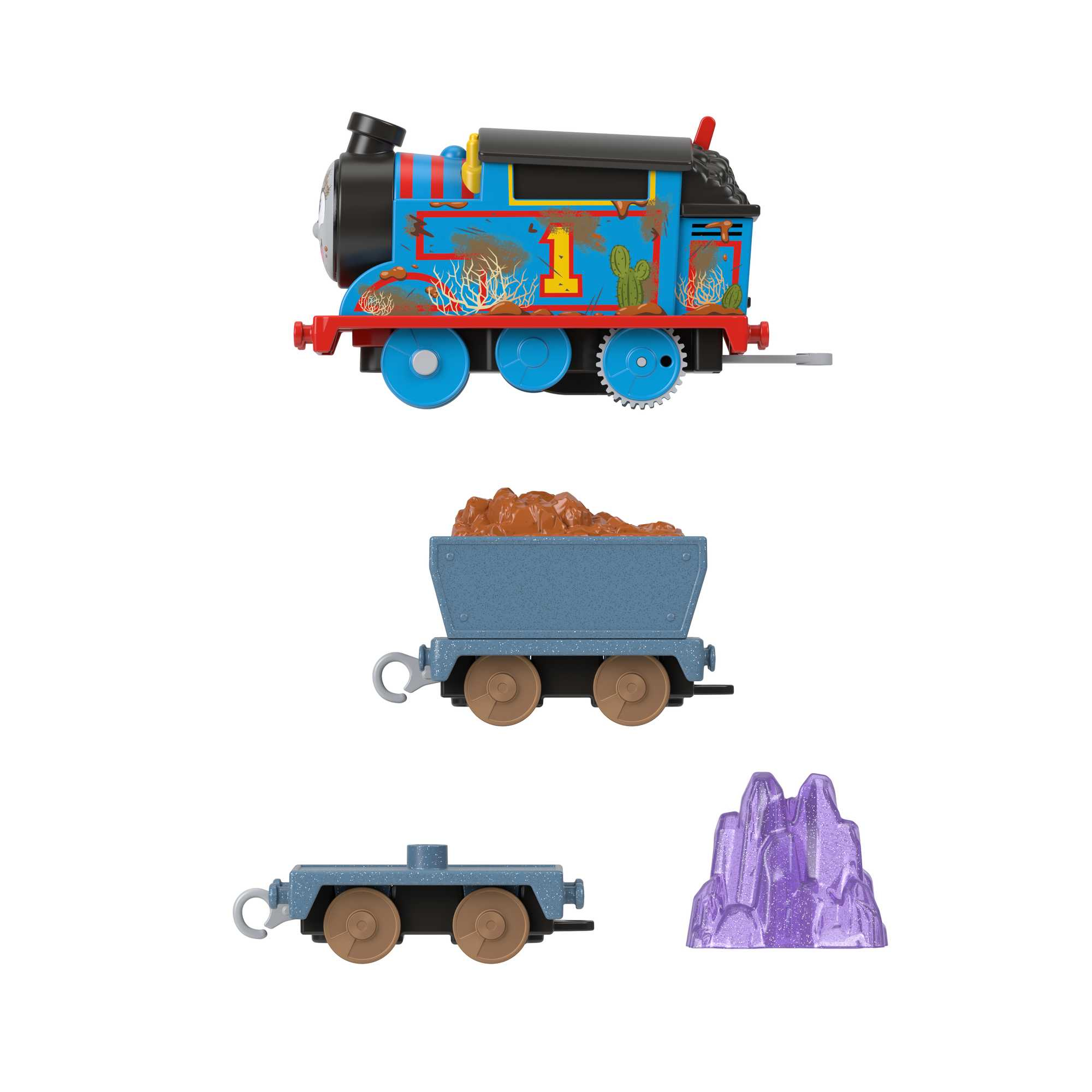 Thomas-Zugset mit drei Waggons und lilafarbener Felsformation. Der Zug hat blaue und rote Farben.