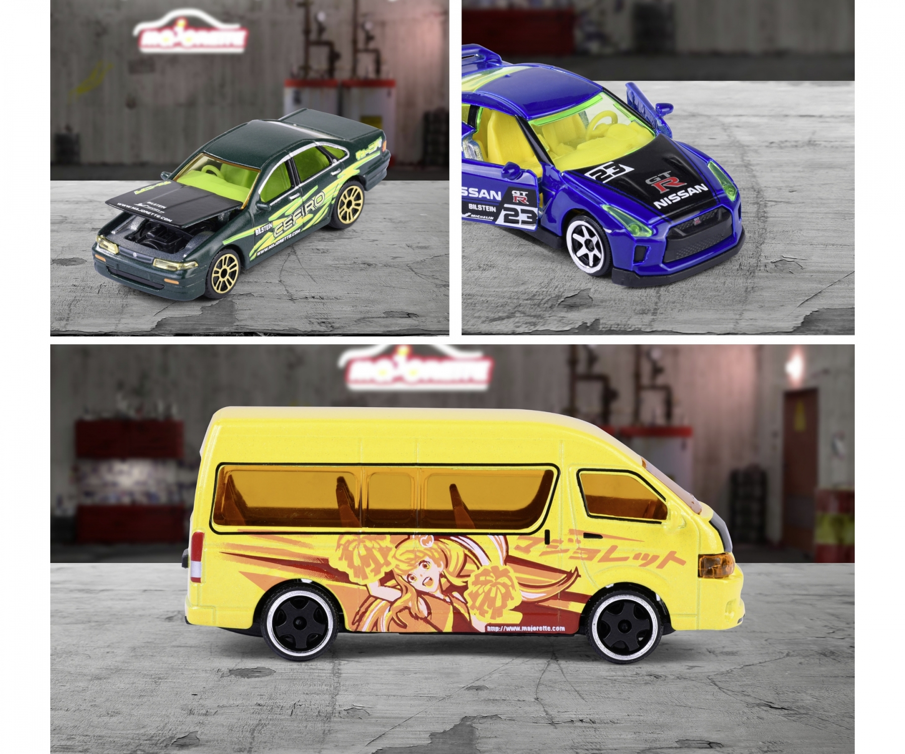 Trzy zabawki: zielony sedan, niebieski Nissan i żółty autobus z grafiką cheerleaderki.